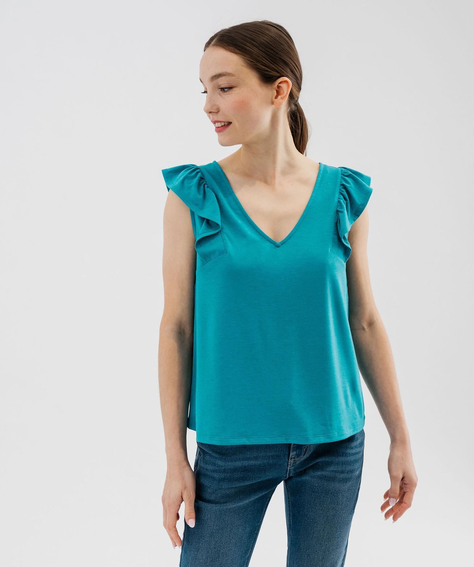 tee-shirt sans manches paillete et volante femme bleu standard debardeurs