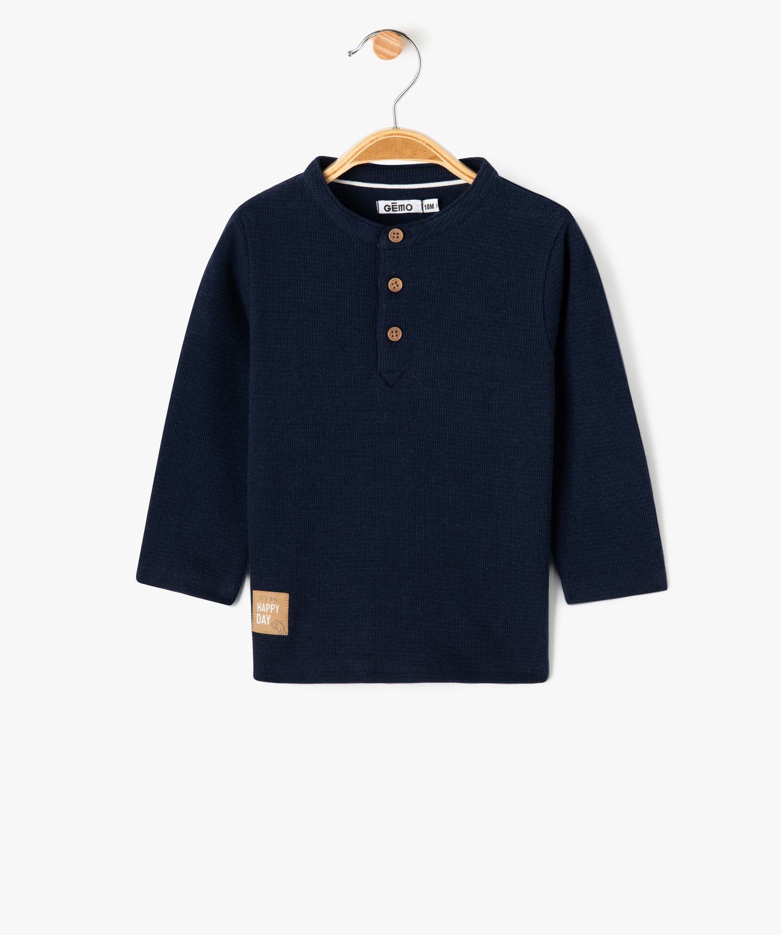 tee-shirt a manches longues col tunisien en maille nid dabeille bebe garcon navy tee-shirts manches longues