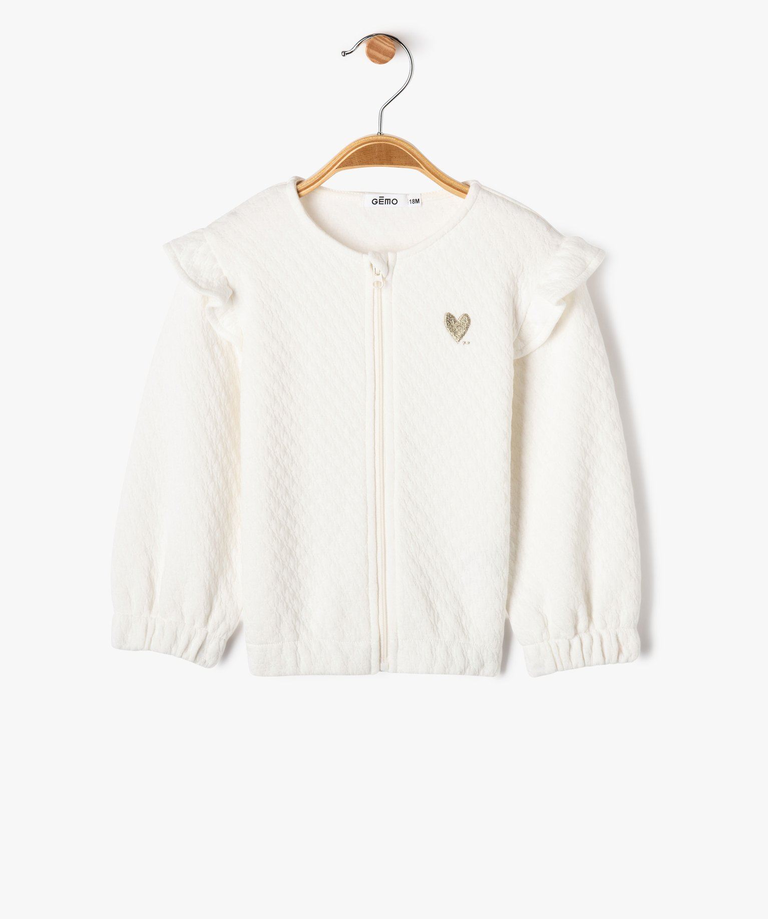 sweat zippe avec volants sur les epaules bebe fille beige