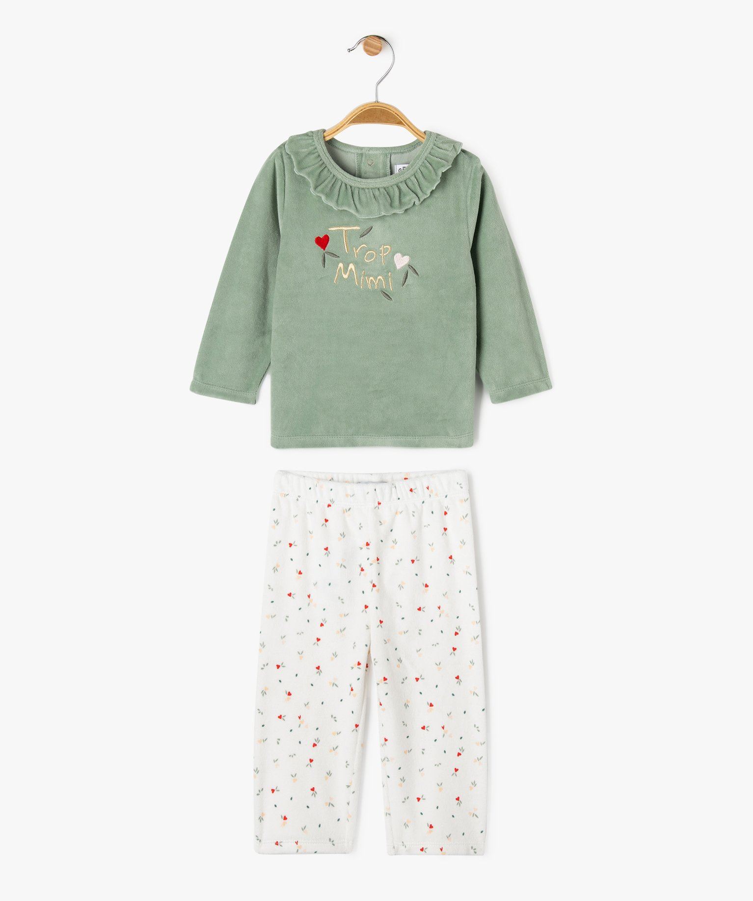 pyjama en velours 2 pieces imprime cœurs bebe fille vert pyjamas 2 pieces