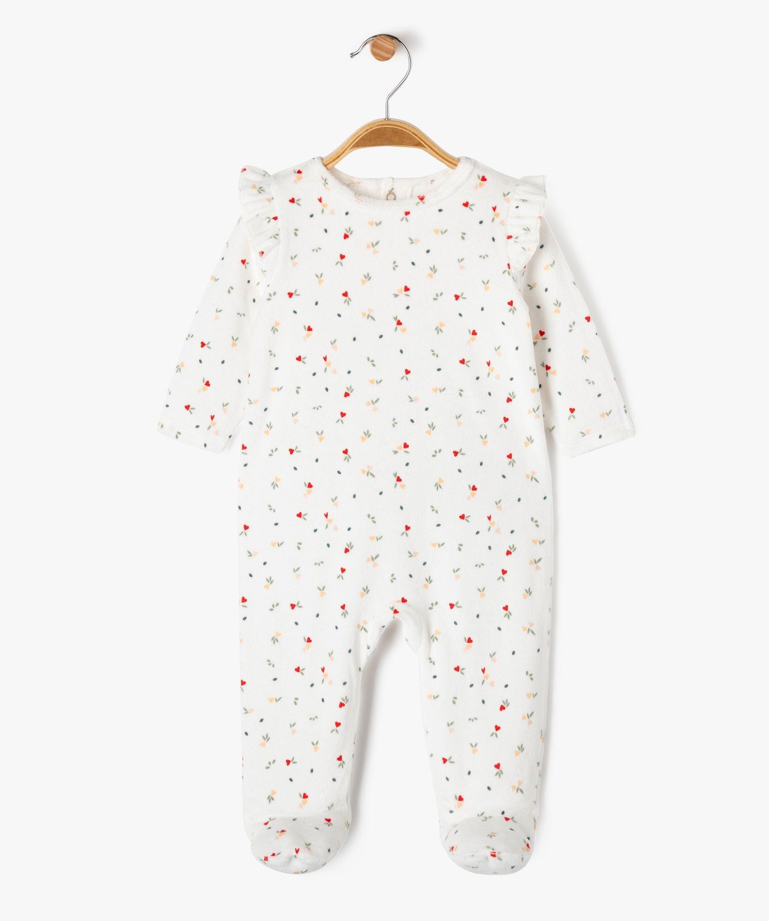 pyjama en velours avec volants et motifs coeurs bebe fille blanc pyjamas velours