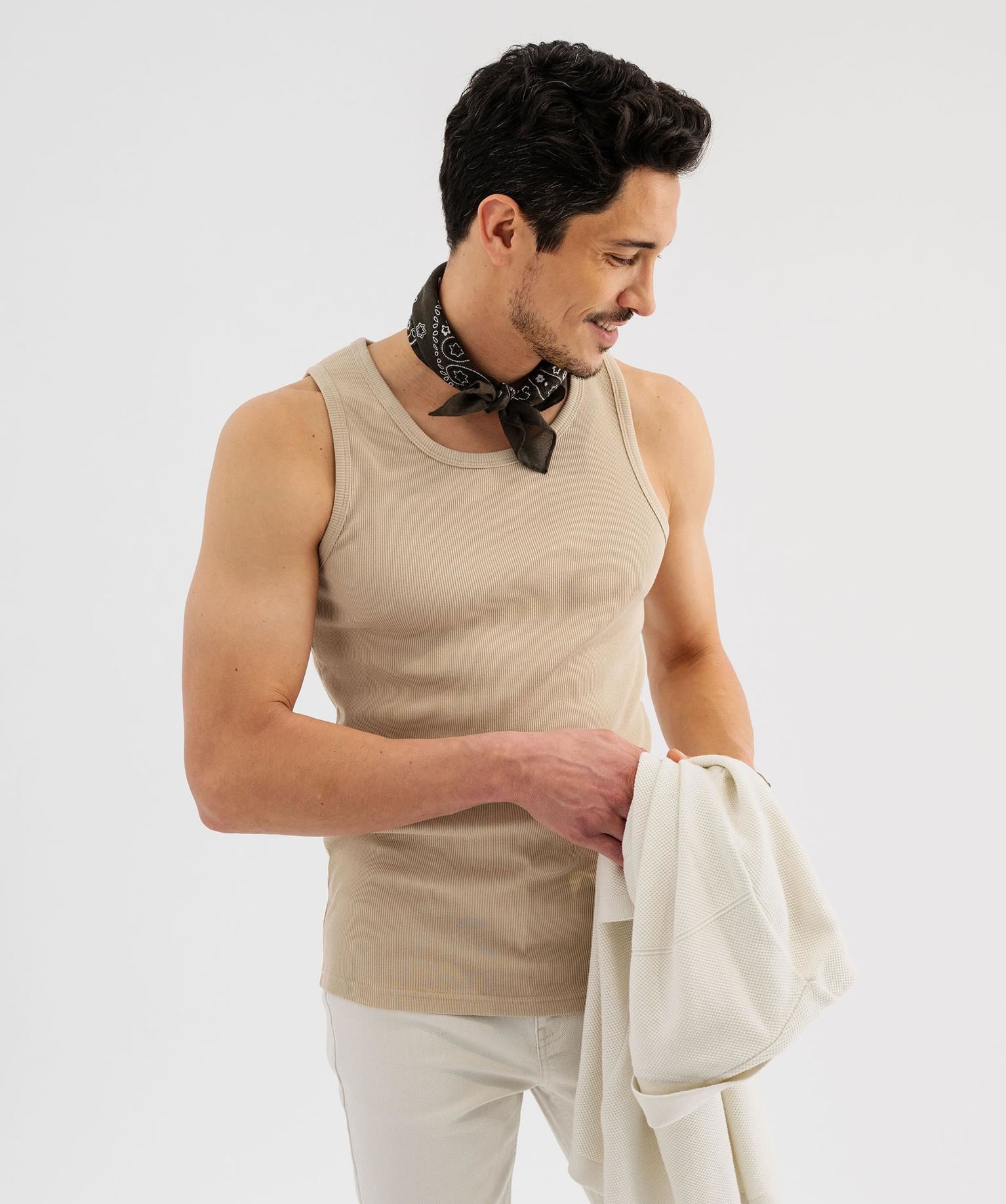 debardeur uni en maille cotelee homme beige taupe tee-shirts