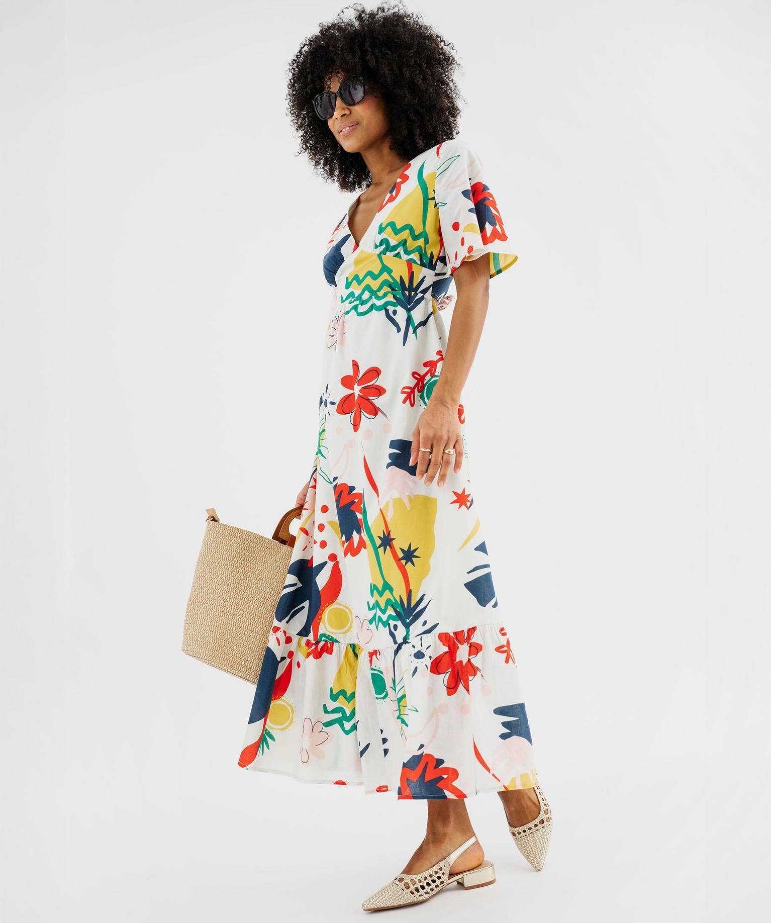 robe longue col v a dos fantaisie et motifs femme imprime