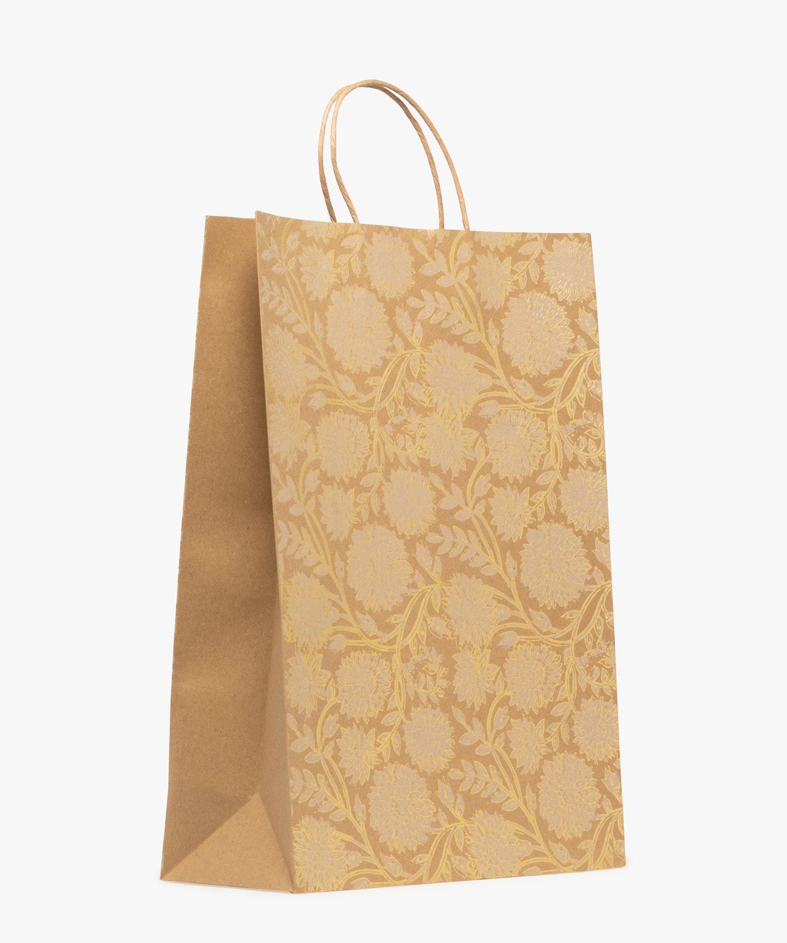 sac cadeau motifs fleurs dorees beige
