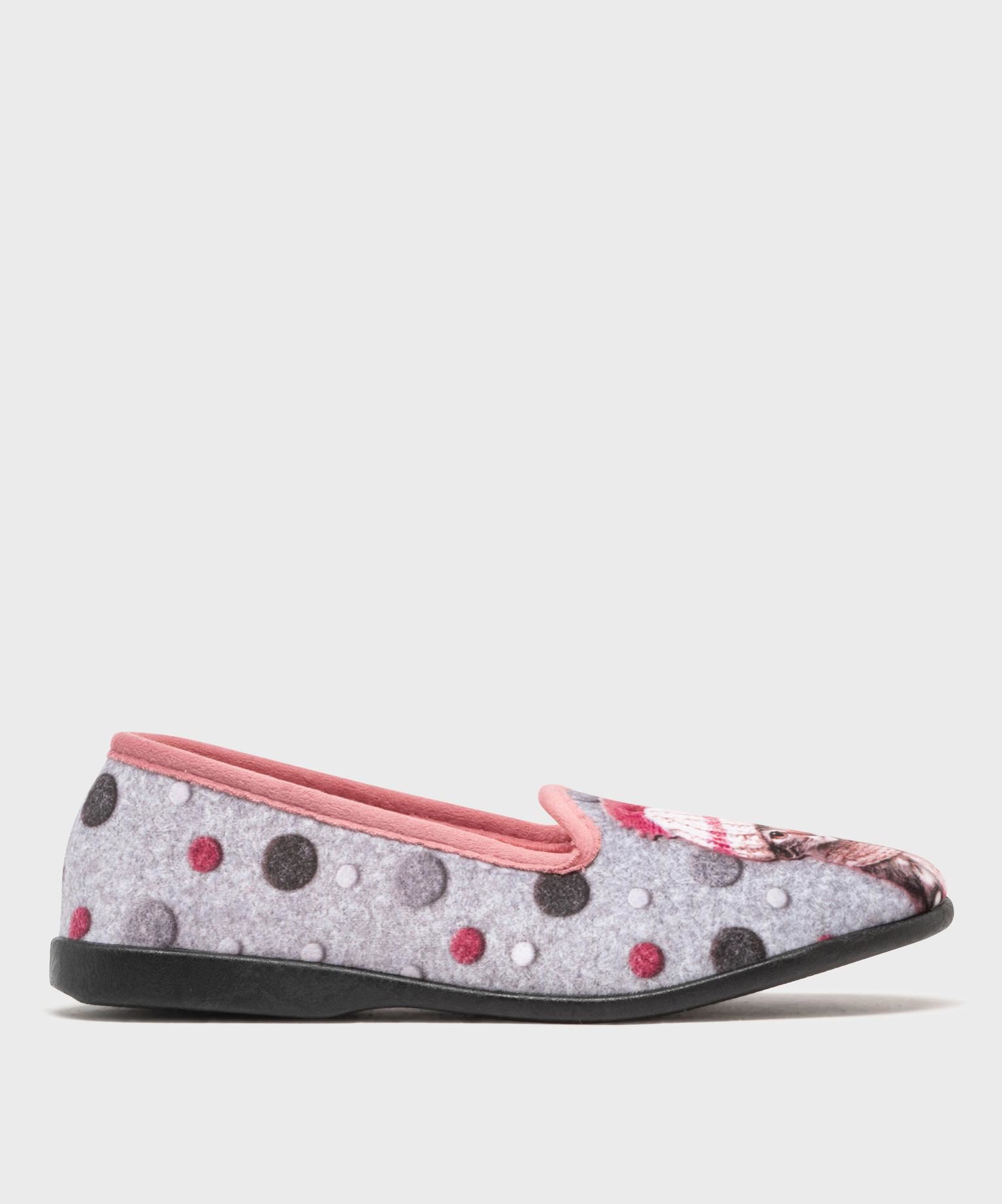 chaussons pantoufles en velours ras imprime fantaisie femme gris standard