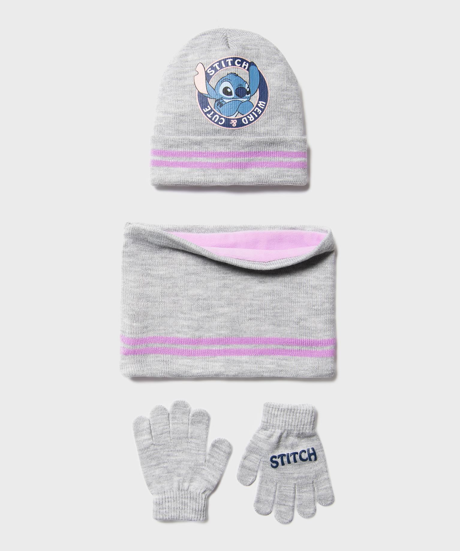 ensemble 3 pieces bonnet tour de cou et gants motif stitch fille - disney gris standard