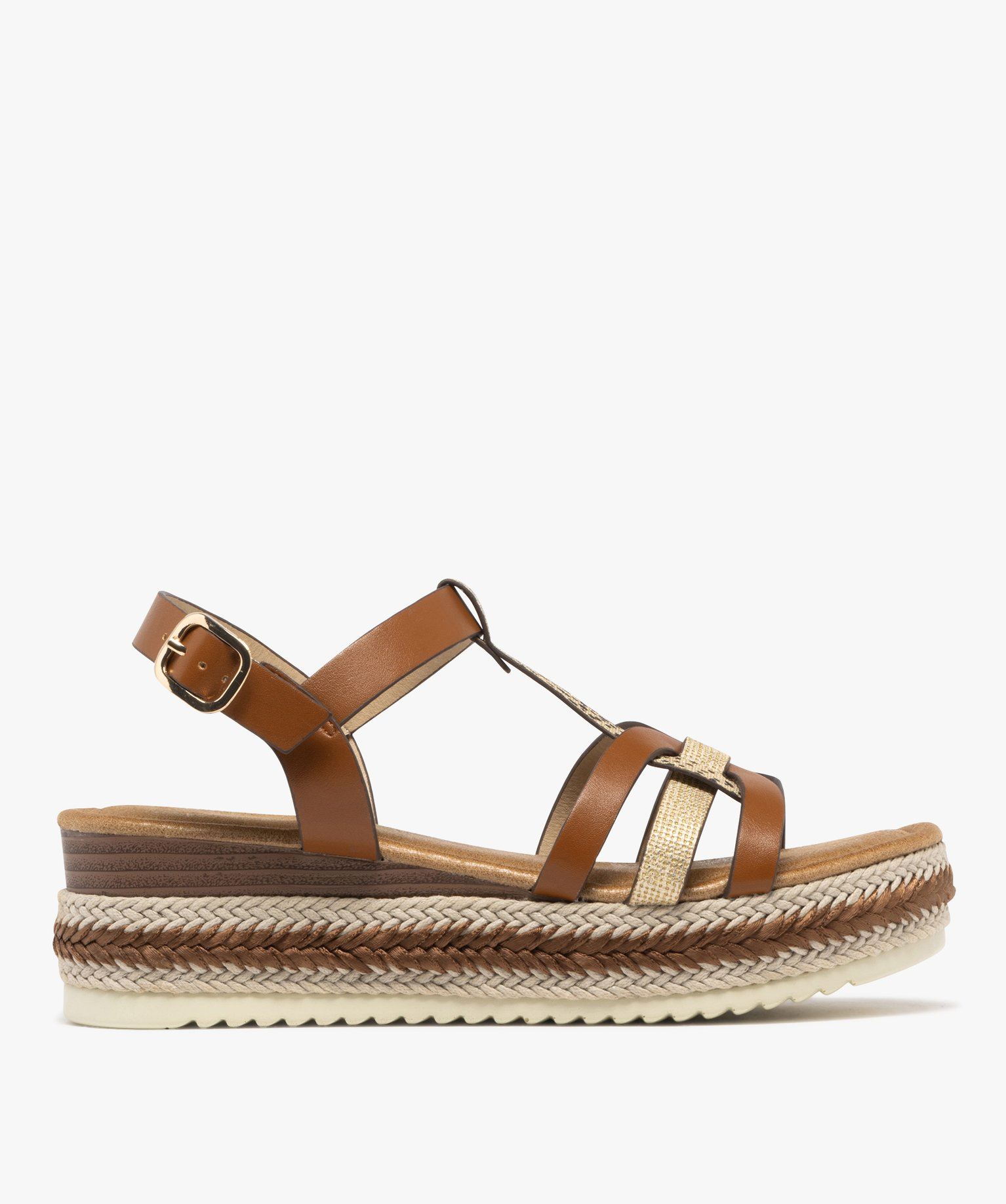 sandales a semelle plateforme crantee et brides brillantes femme marron standard sandales a talon