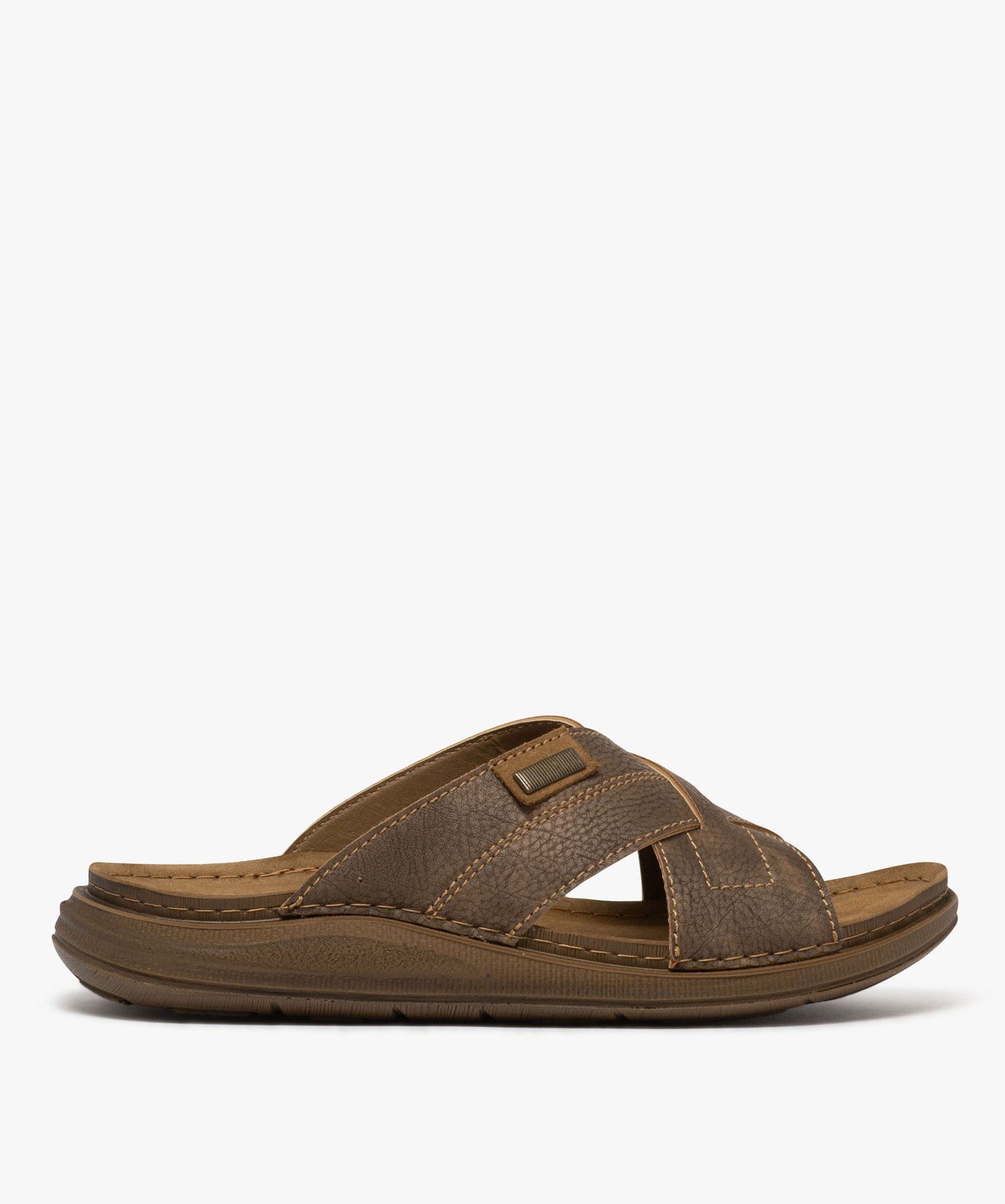 mules confort a larges brides croisees et semelle interieure cuir homme brun