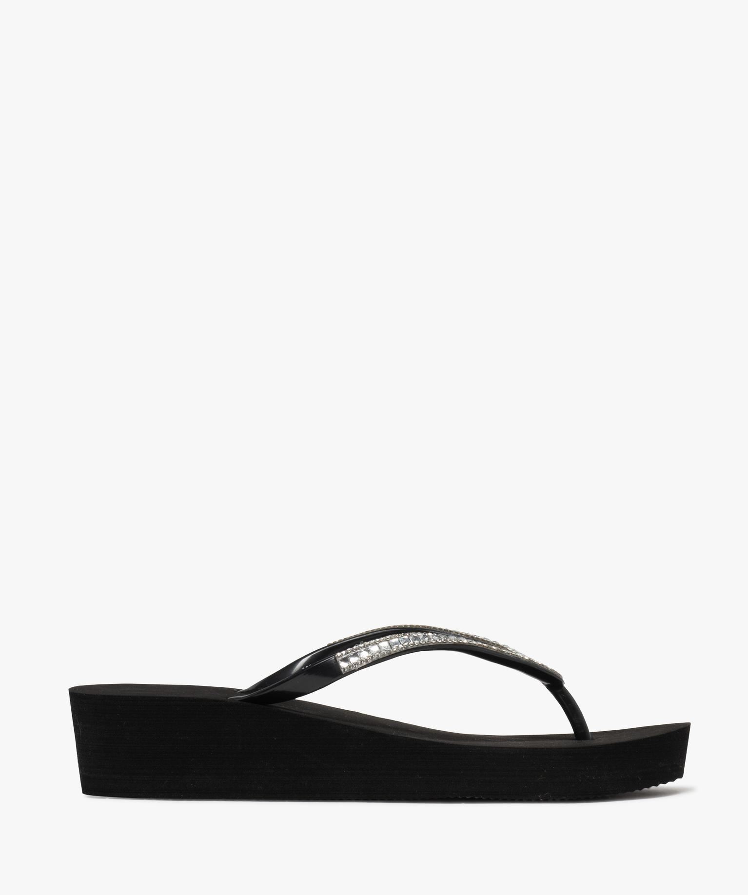 tongs compensees a brides strass femme noir
