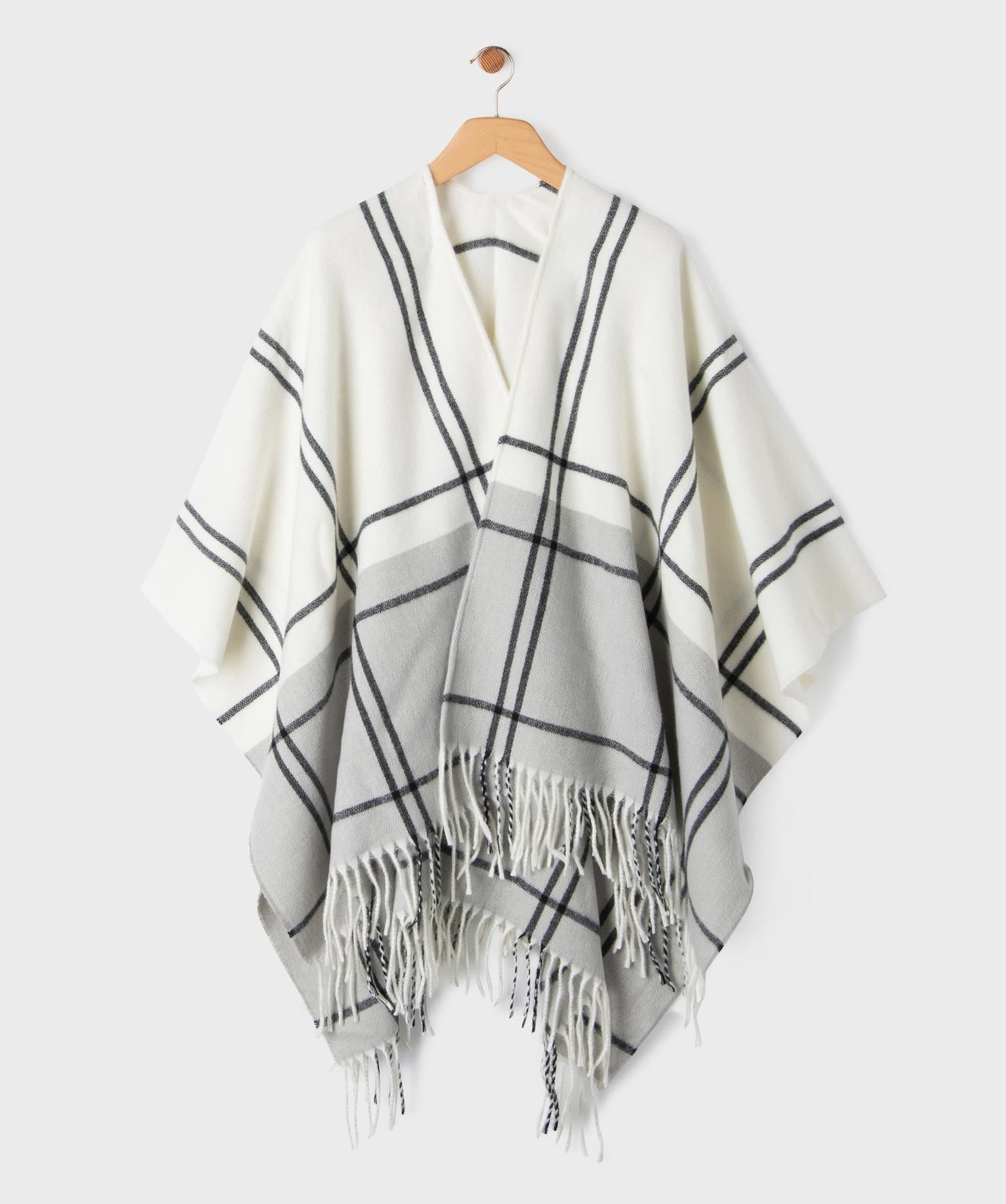echarpe poncho a carreaux et finitions franges femme blanc standard
