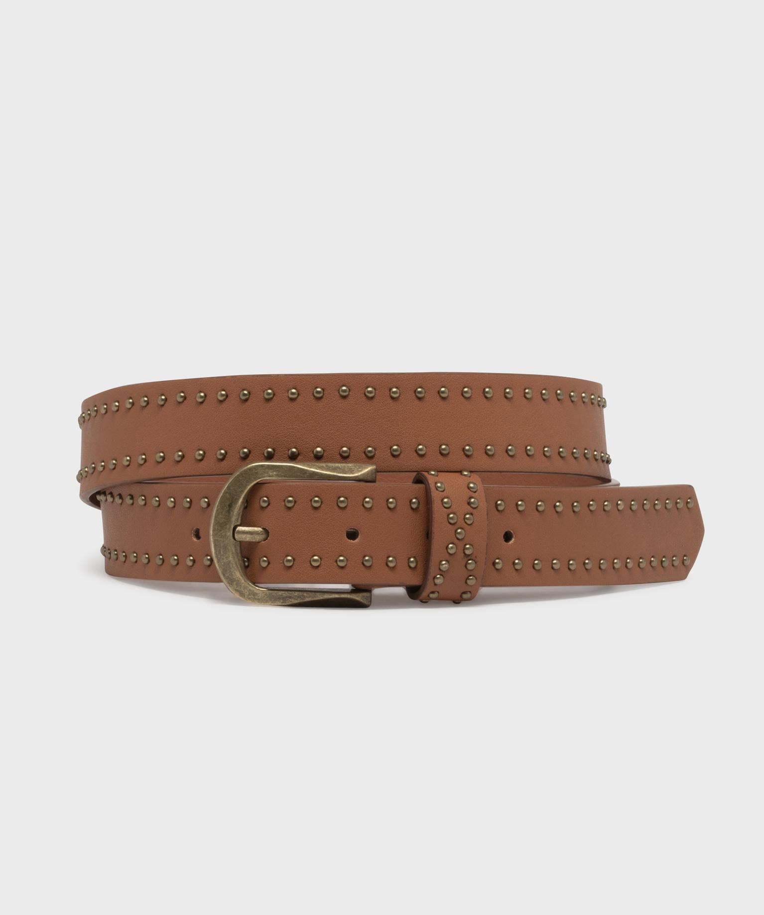 ceinture lisse a clous et boucle en metal brosse femme marron vif
