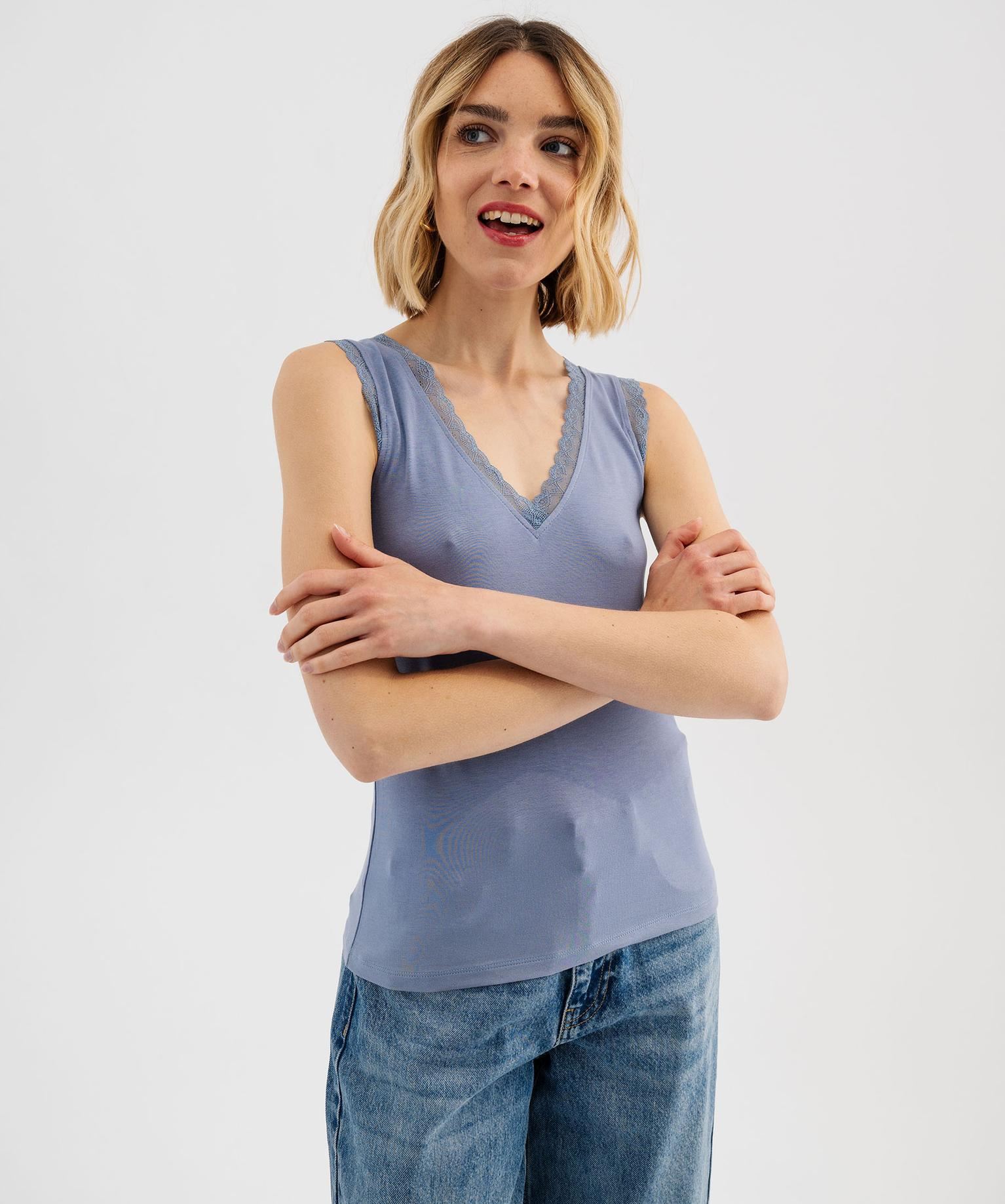 debardeur avec col v en dentelle femme bleu grise debardeurs
