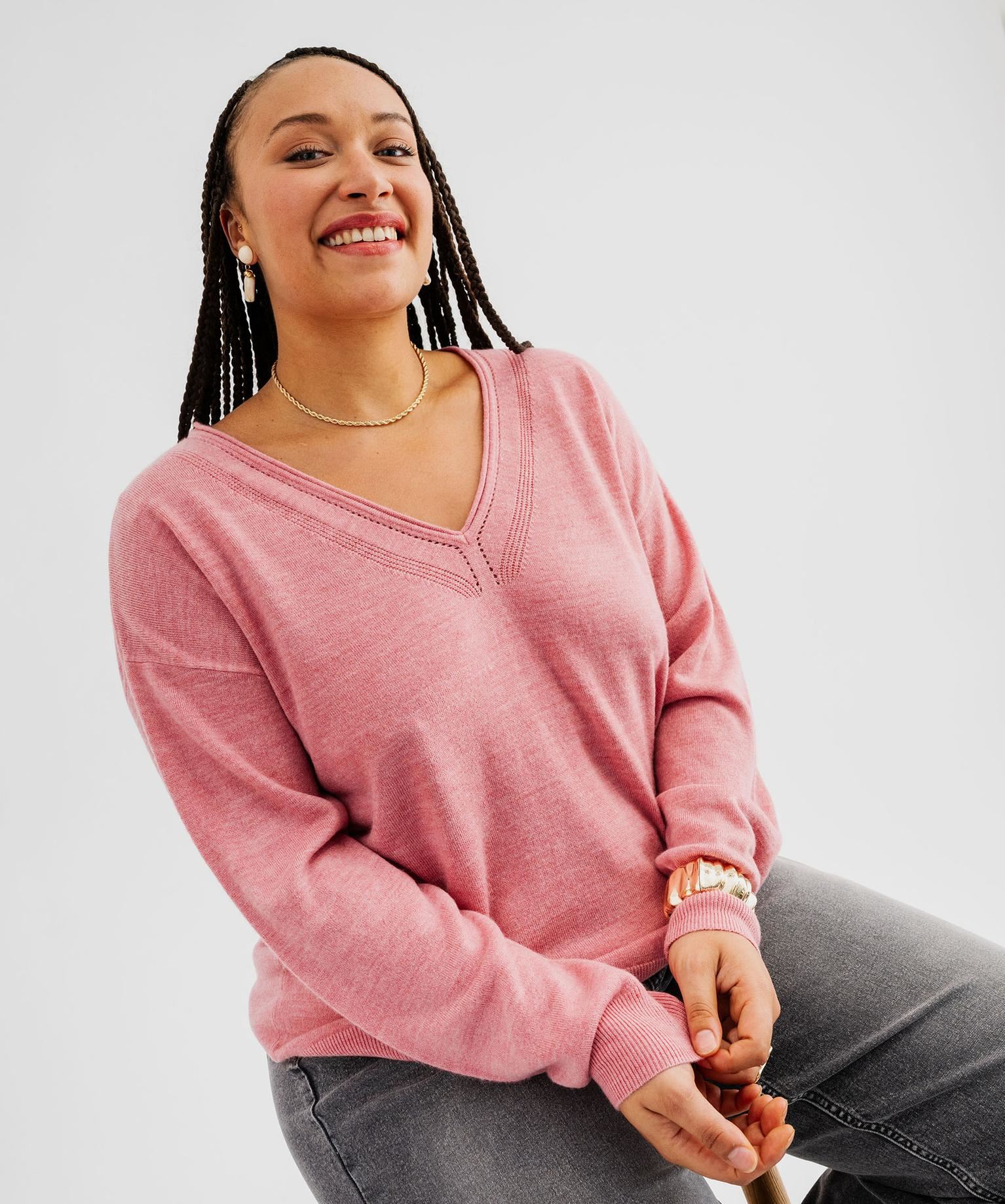 pull col v en maille fine femme grande taille rose standard pulls
