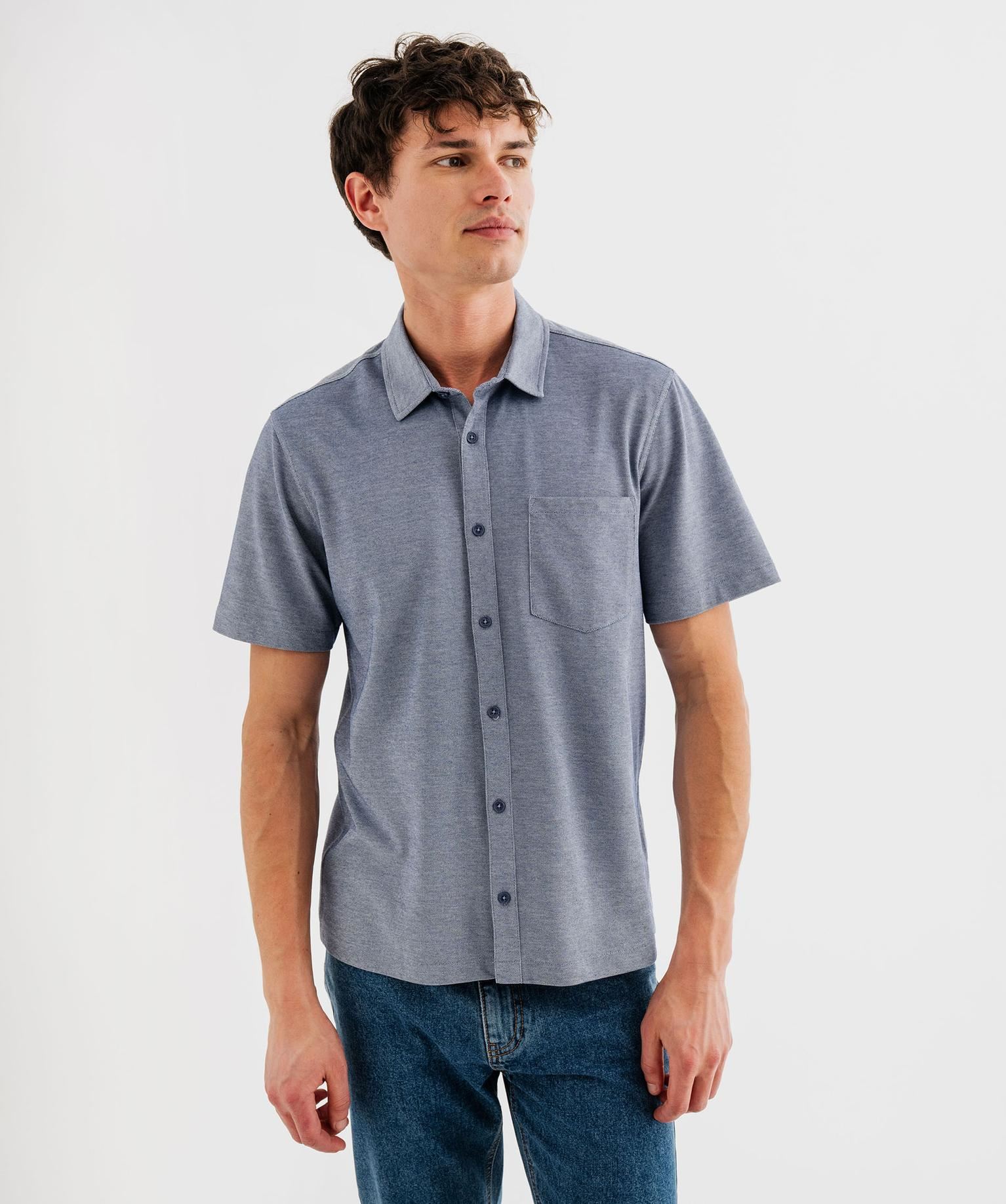 chemise manches courtes en maille piquee fluide homme bleu chine chemise manches courtes