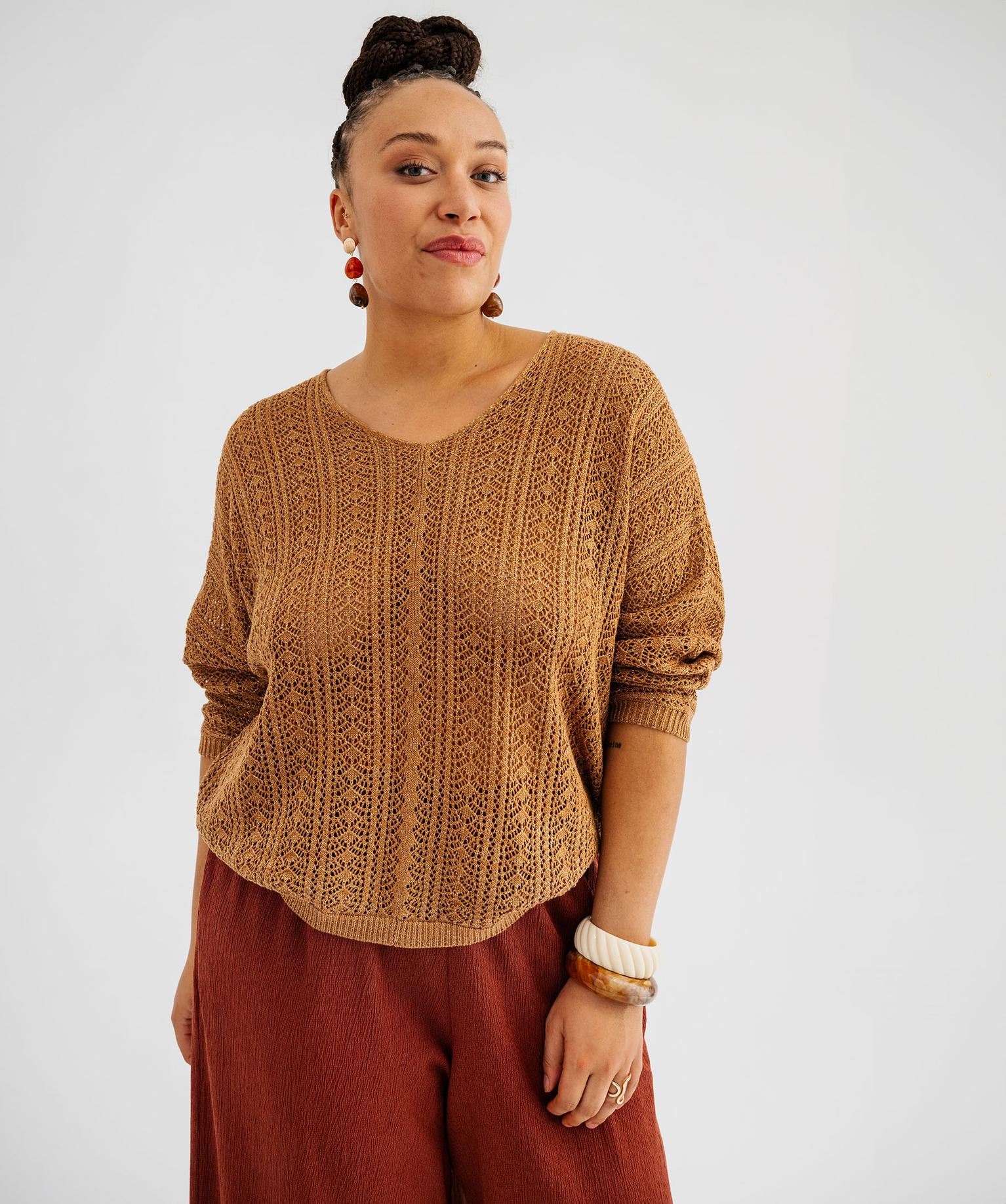 pull ajoure en maille scintillante femme grande taille orange pulls
