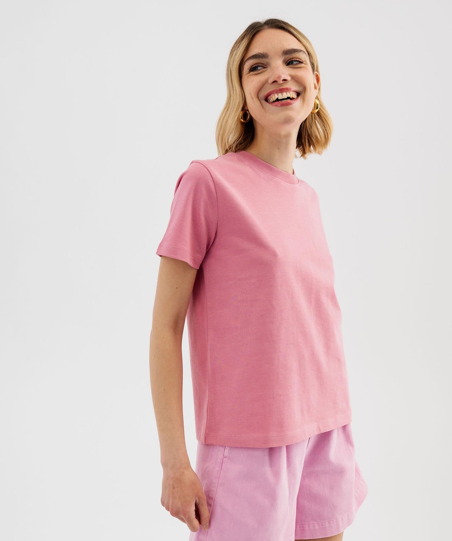 tee-shirt manches courtes et col rond uni en coton resistant femme rose standard