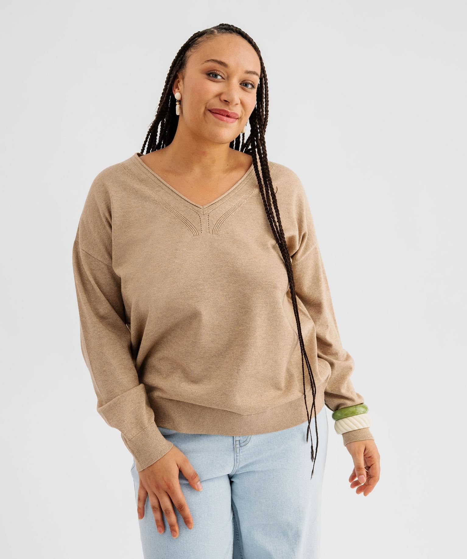 pull fin col v en maille pailletee femme grande taille beige standard pulls