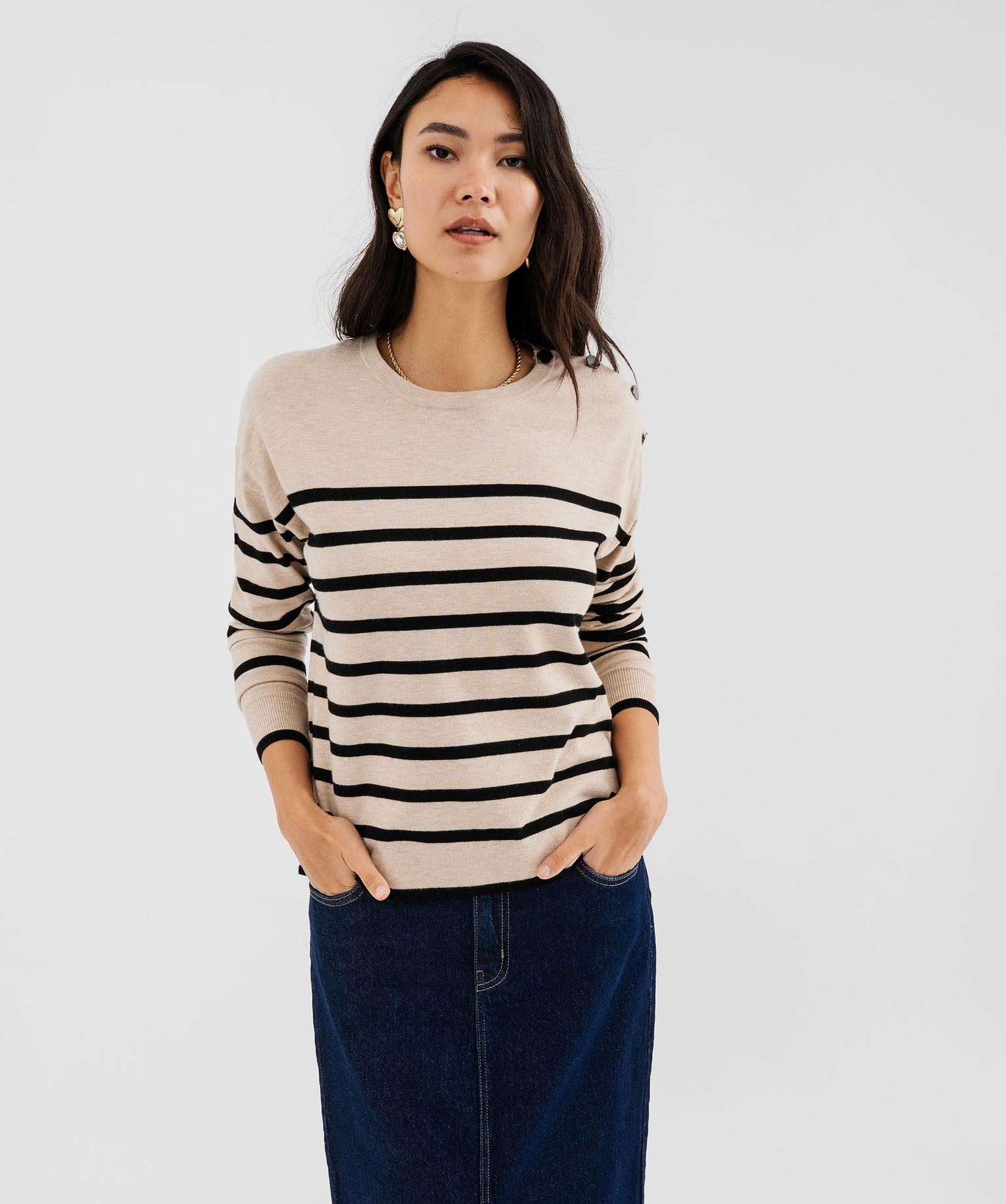 pull fin a larges rayures avec boutons sur l’epaule femme beige pulls