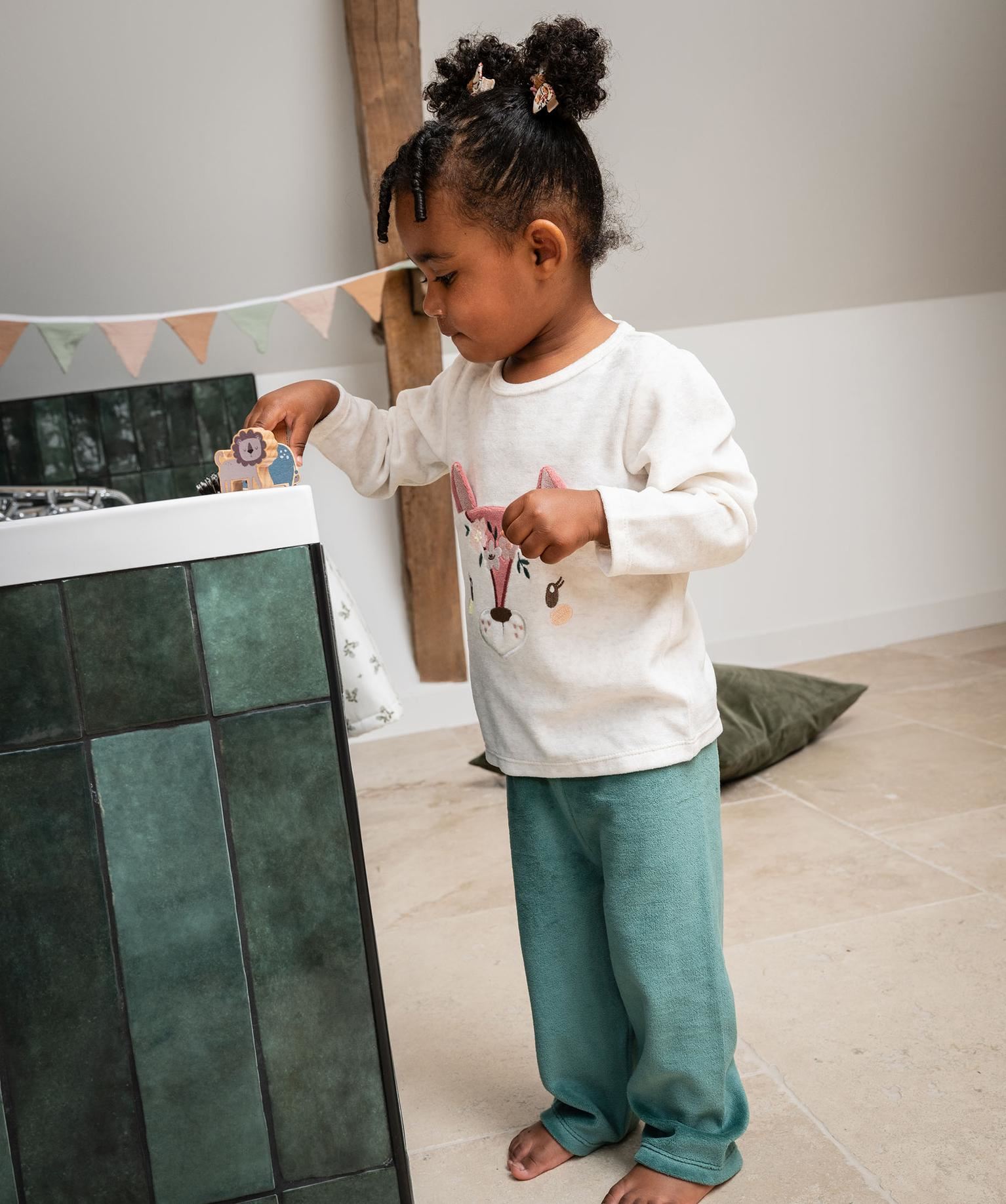 pyjama 2 pieces en velours avec motif biche brode bebe fille beige