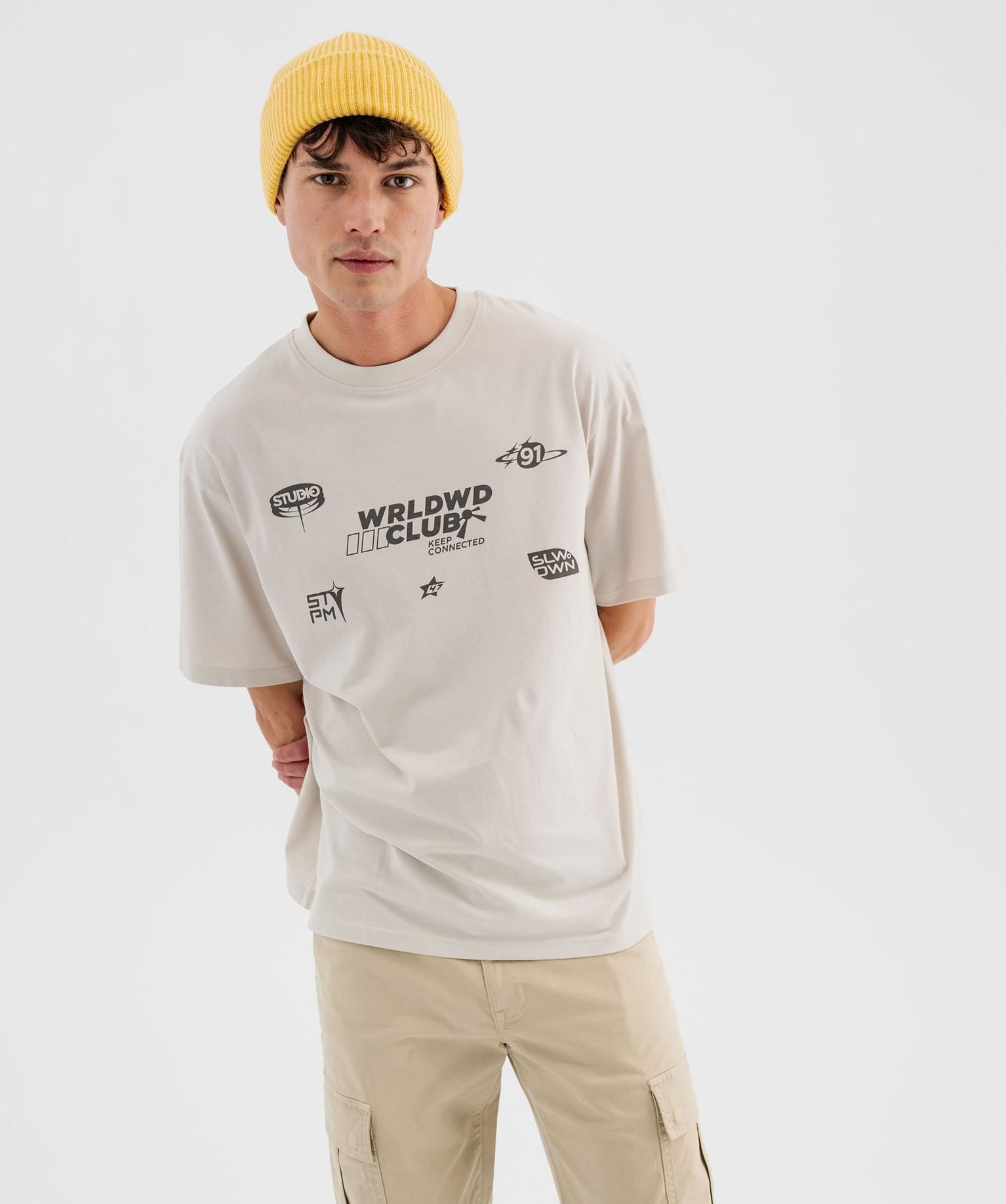 tee-shirt manches courtes oversize a motif urbain homme beige tee-shirts