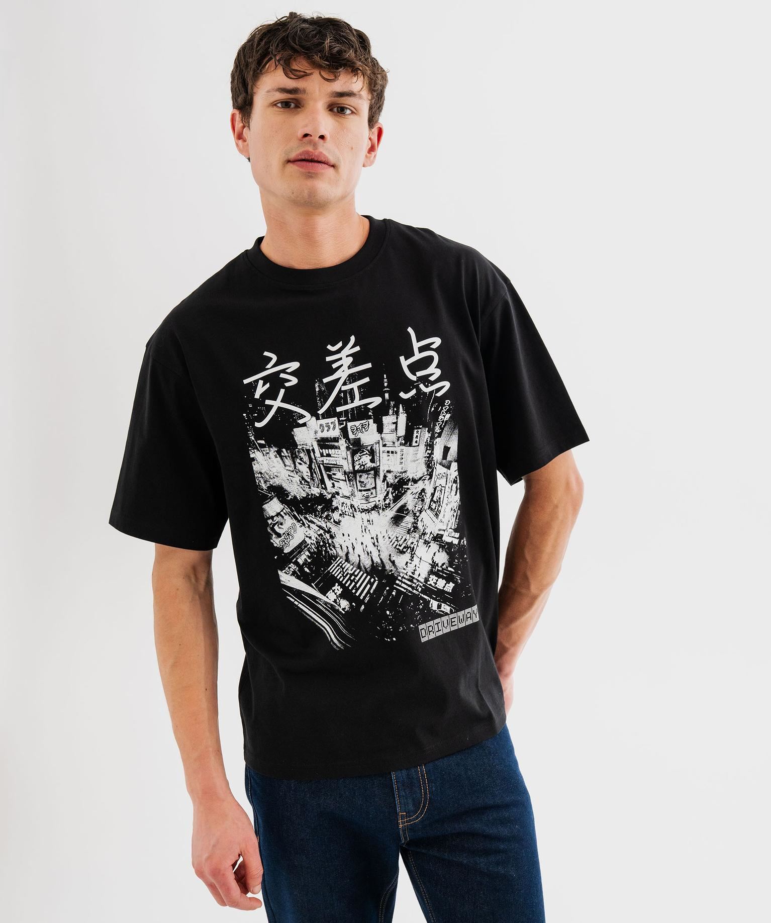 tee-shirt manches courtes oversize a motif urbain homme noir vif tee-shirts