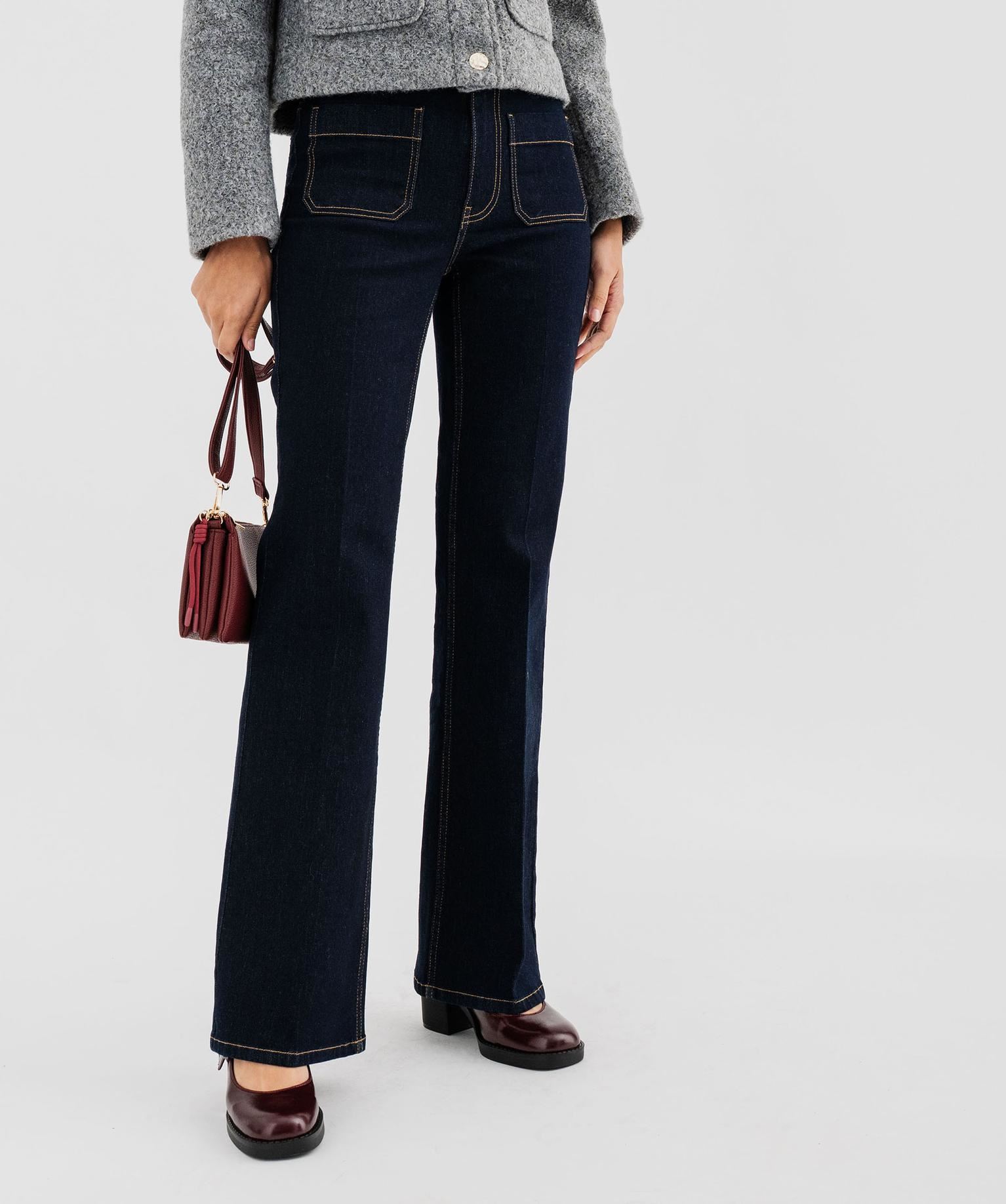 jean flare taille haute a plis et poches plaquees femme bleu