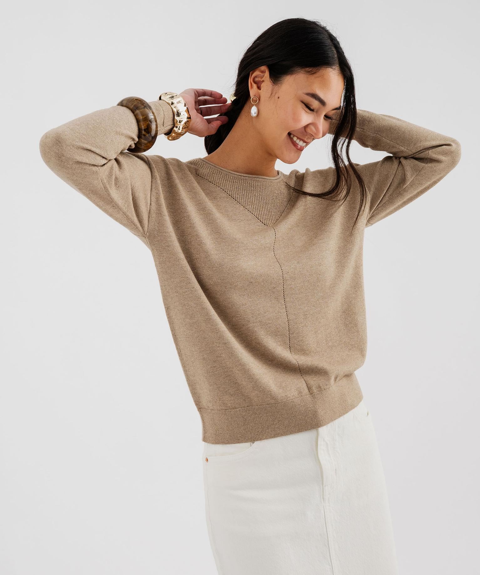 pull ample en maille pailletee femme beige standard pulls