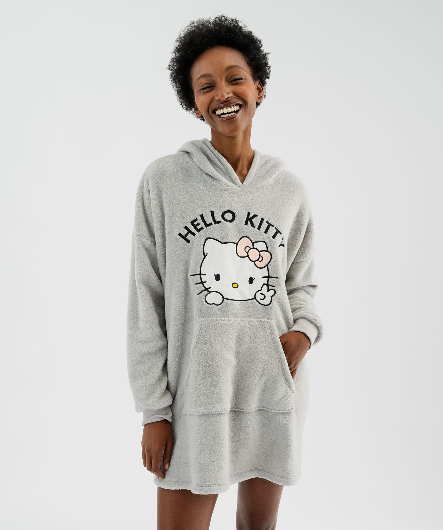 chemise de nuit a capuche en maille duveteuse femme - hello kitty gris standard nuisettes chemises de nuit