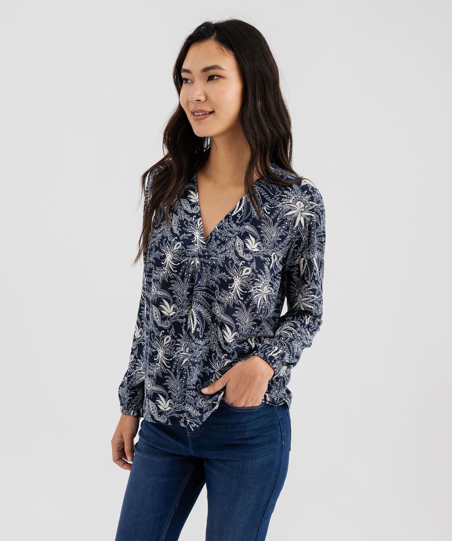 tee-shirt manches longues imprime col v fantaisie femme bleu t-shirts manches longues