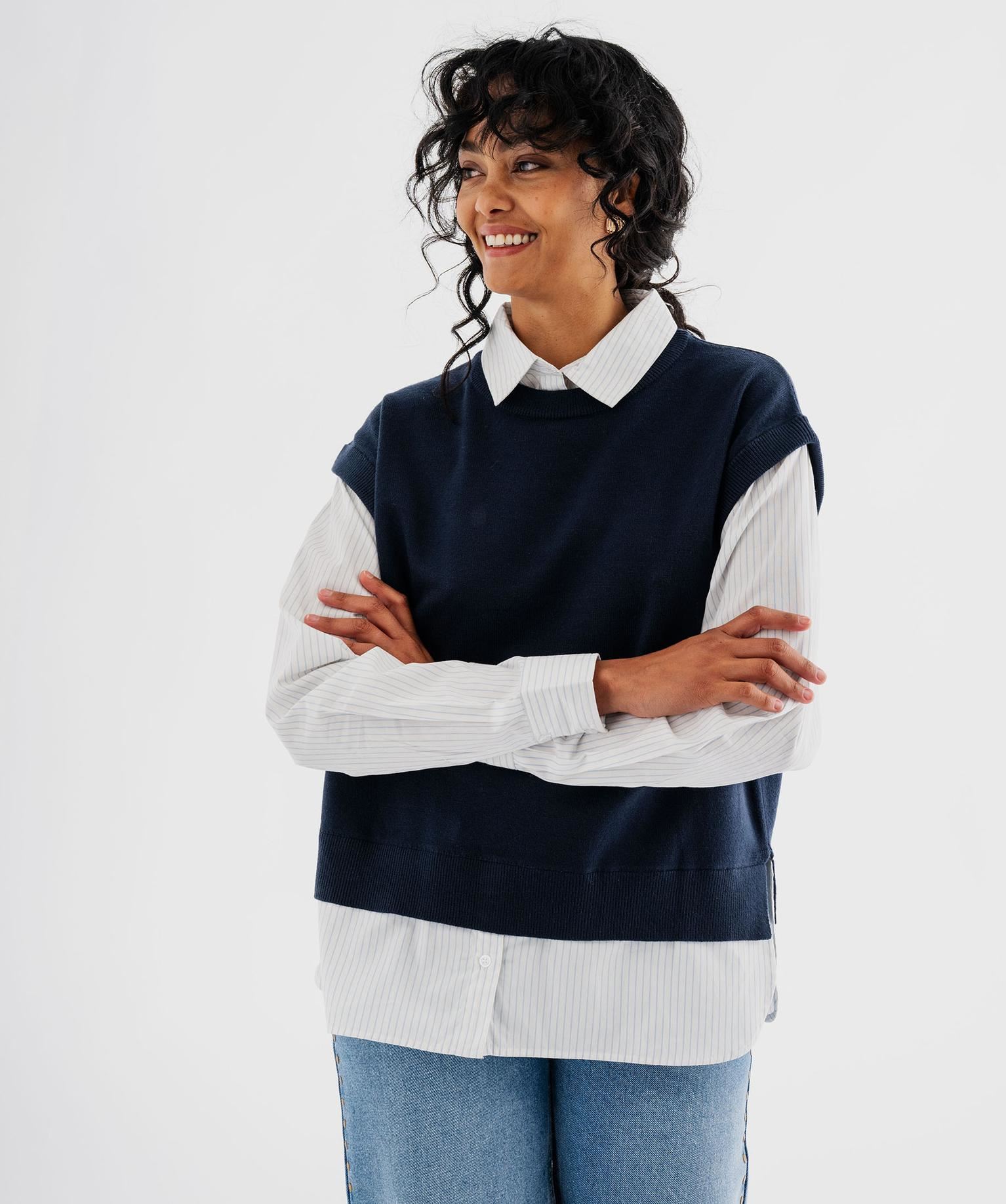 pull sans manches et chemise 2 en 1 femme bleu standard pulls
