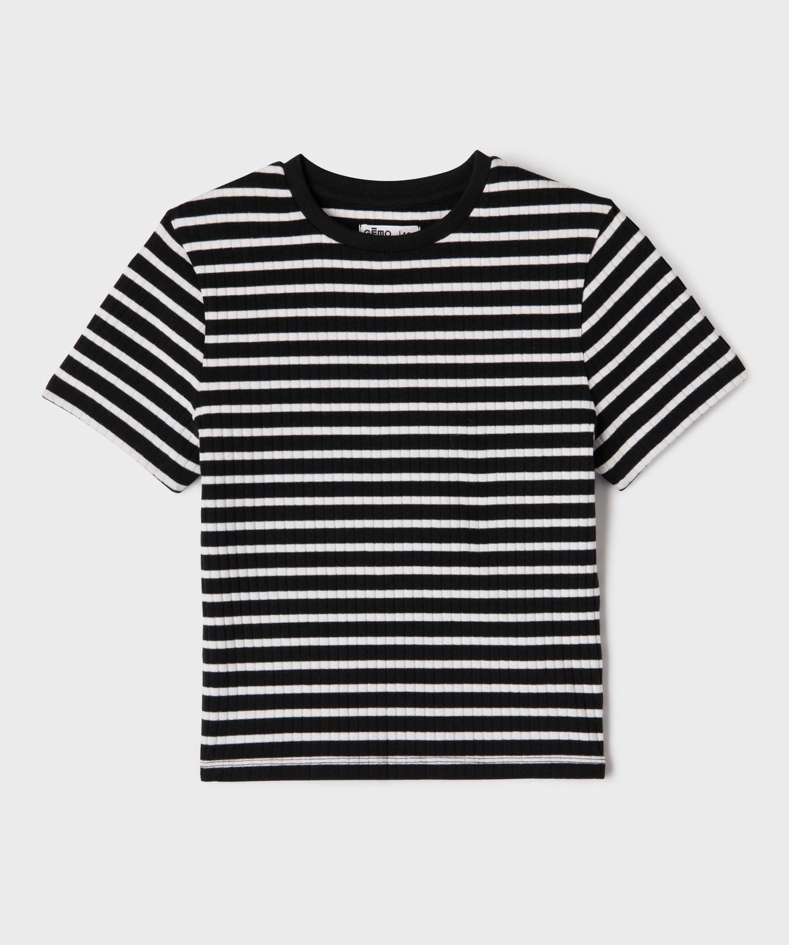 tee-shirt manches courtes en maille cotelee a rayures fille noir standard tee-shirts