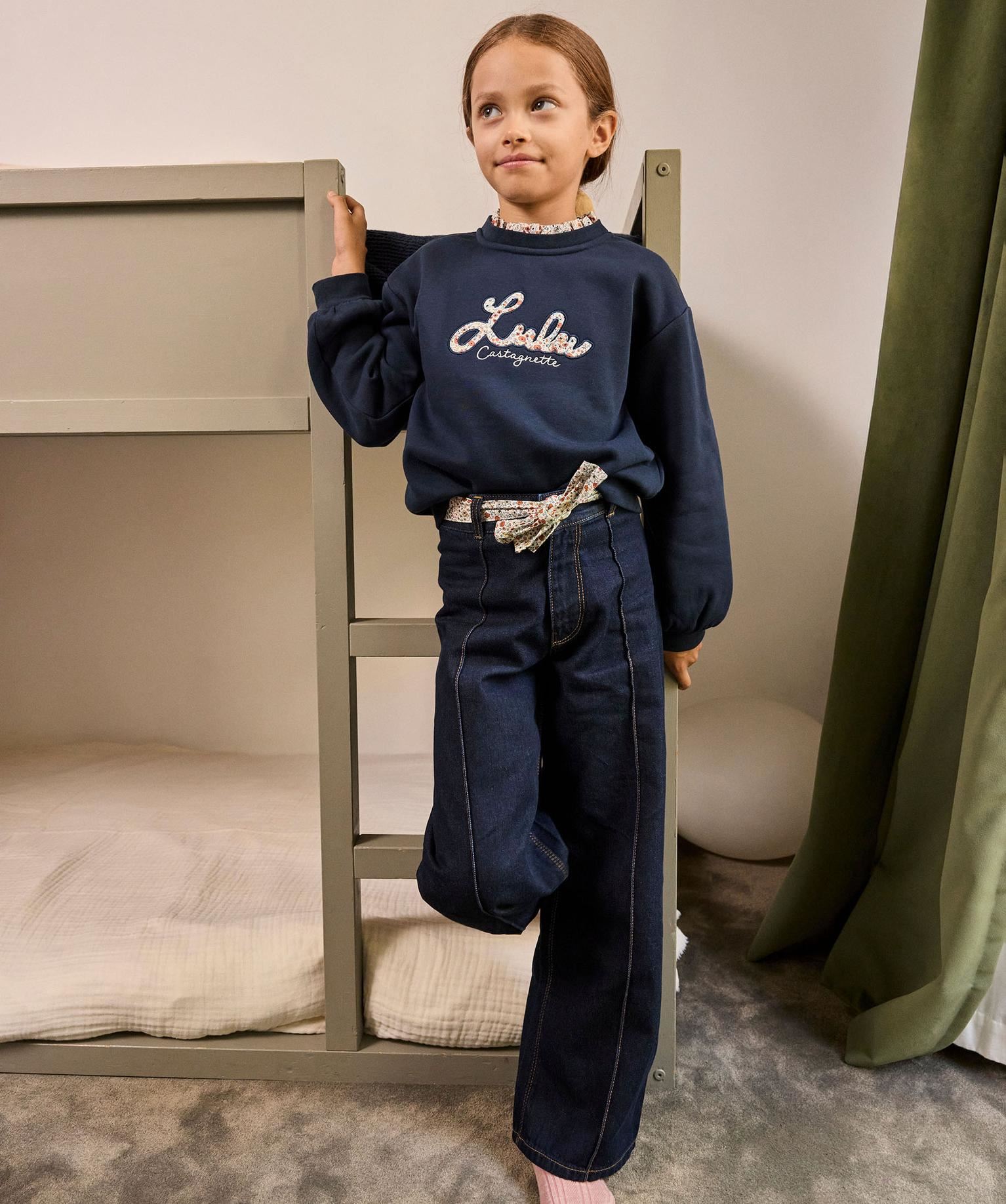 sweat a col fronce et inscription brodee fille - lulucastagnette bleu sweats