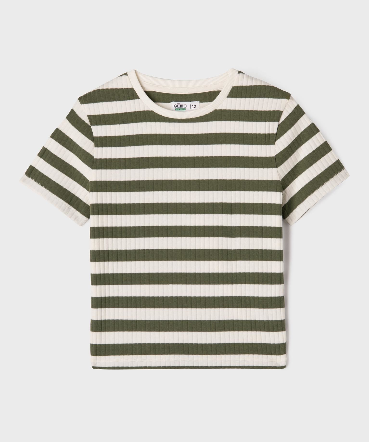 tee-shirt manches courtes en maille cotelee a rayures fille kaki standard tee-shirts