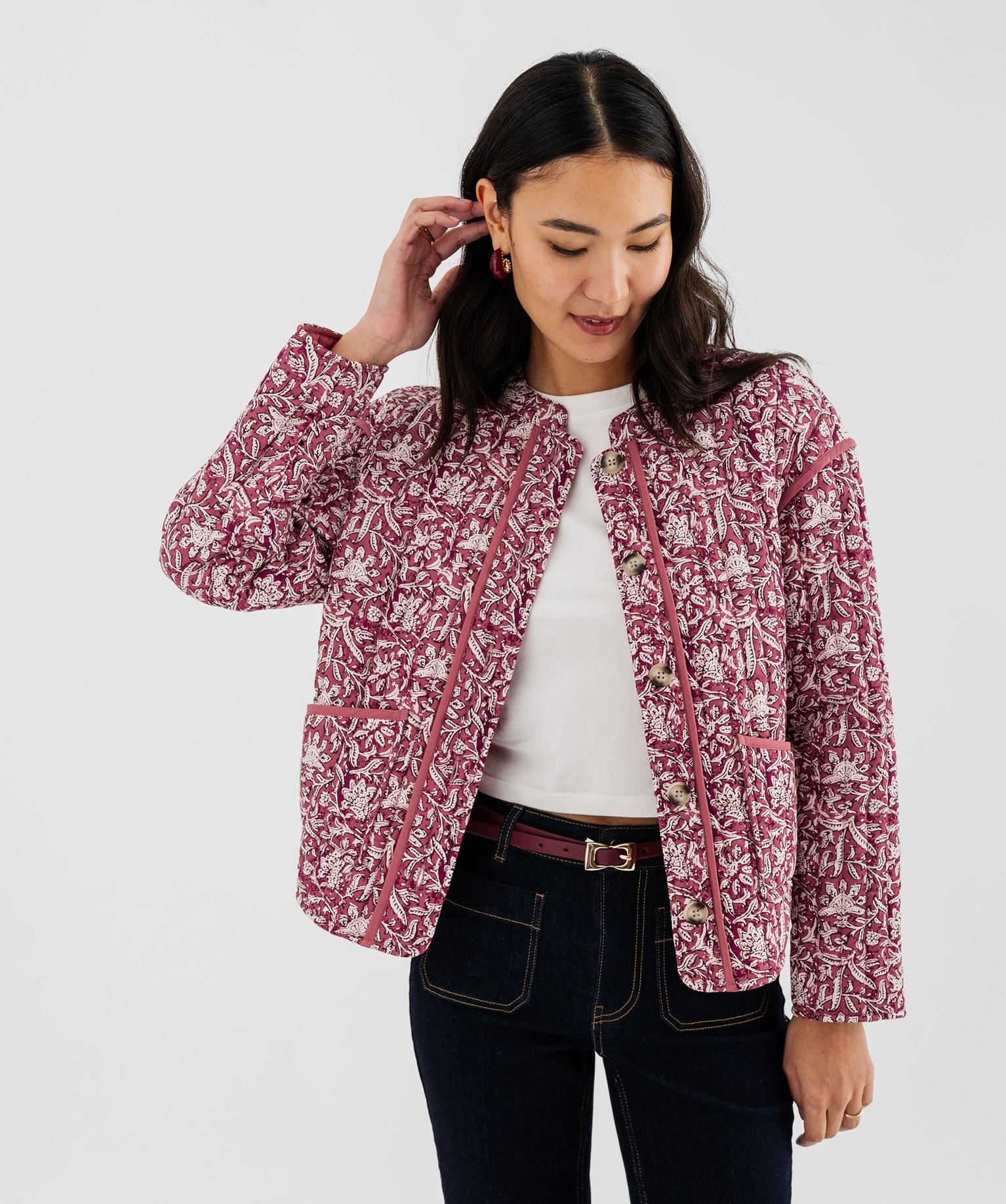veste matelassee a col rond a motifs femme rose manteaux