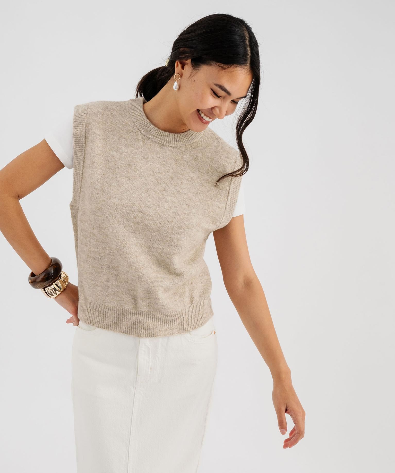 pull sans manches chine avec de la laine femme beige standard