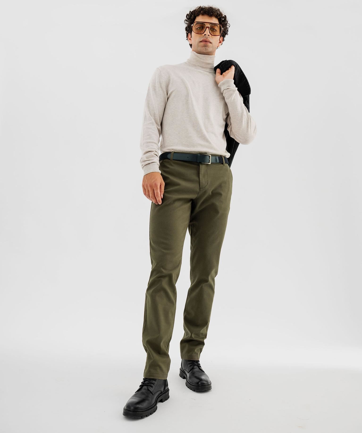 pantalon chino en coton stretch avec ceinture tressee homme kaki standard