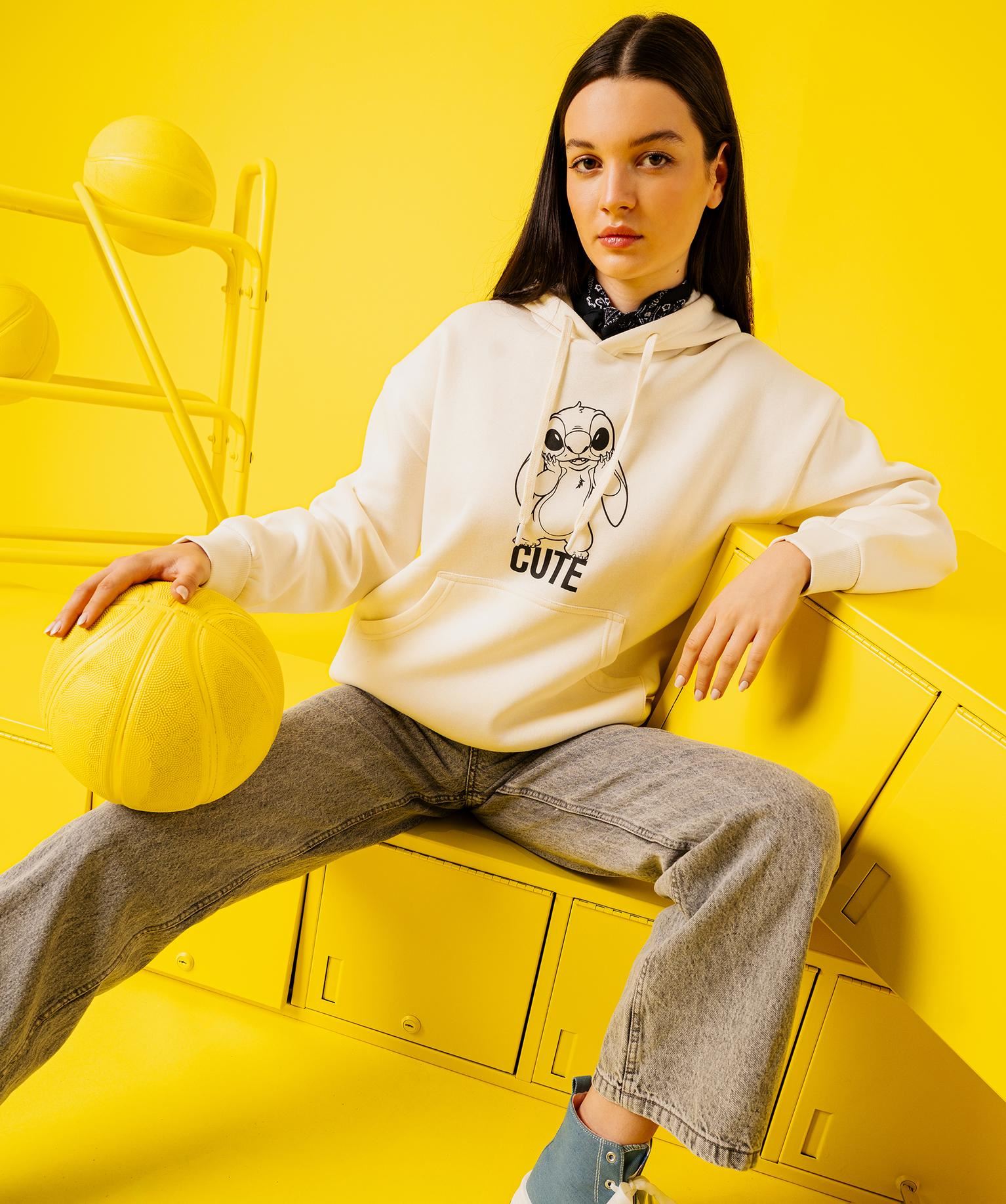 sweat a capuche en molleton imprime devant et dos femme - stitch beige standard