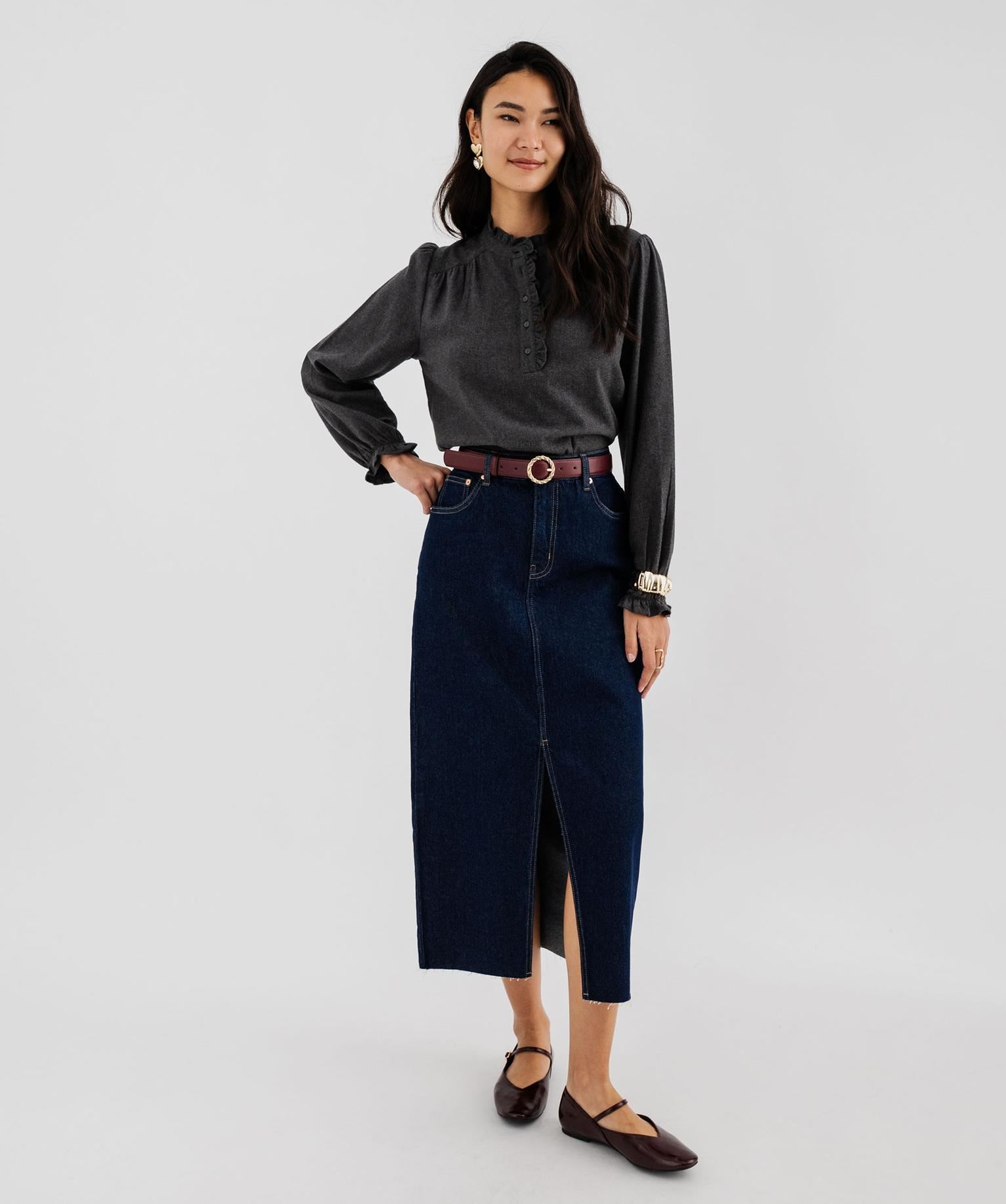 jupe en jean longue a fente en denim stretch femme bleu