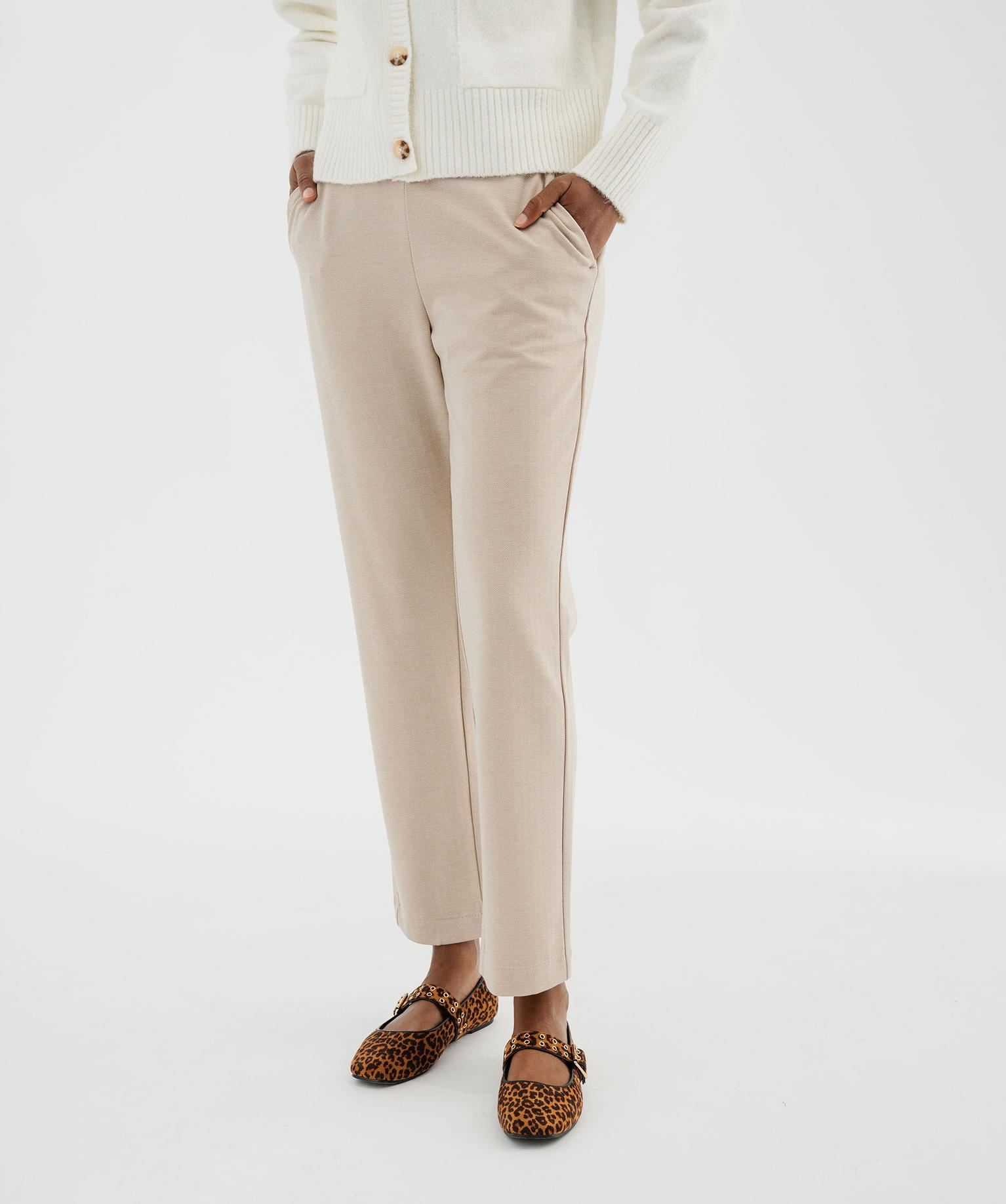 pantalon droit en maille extensible a chevrons femme beige pantalons