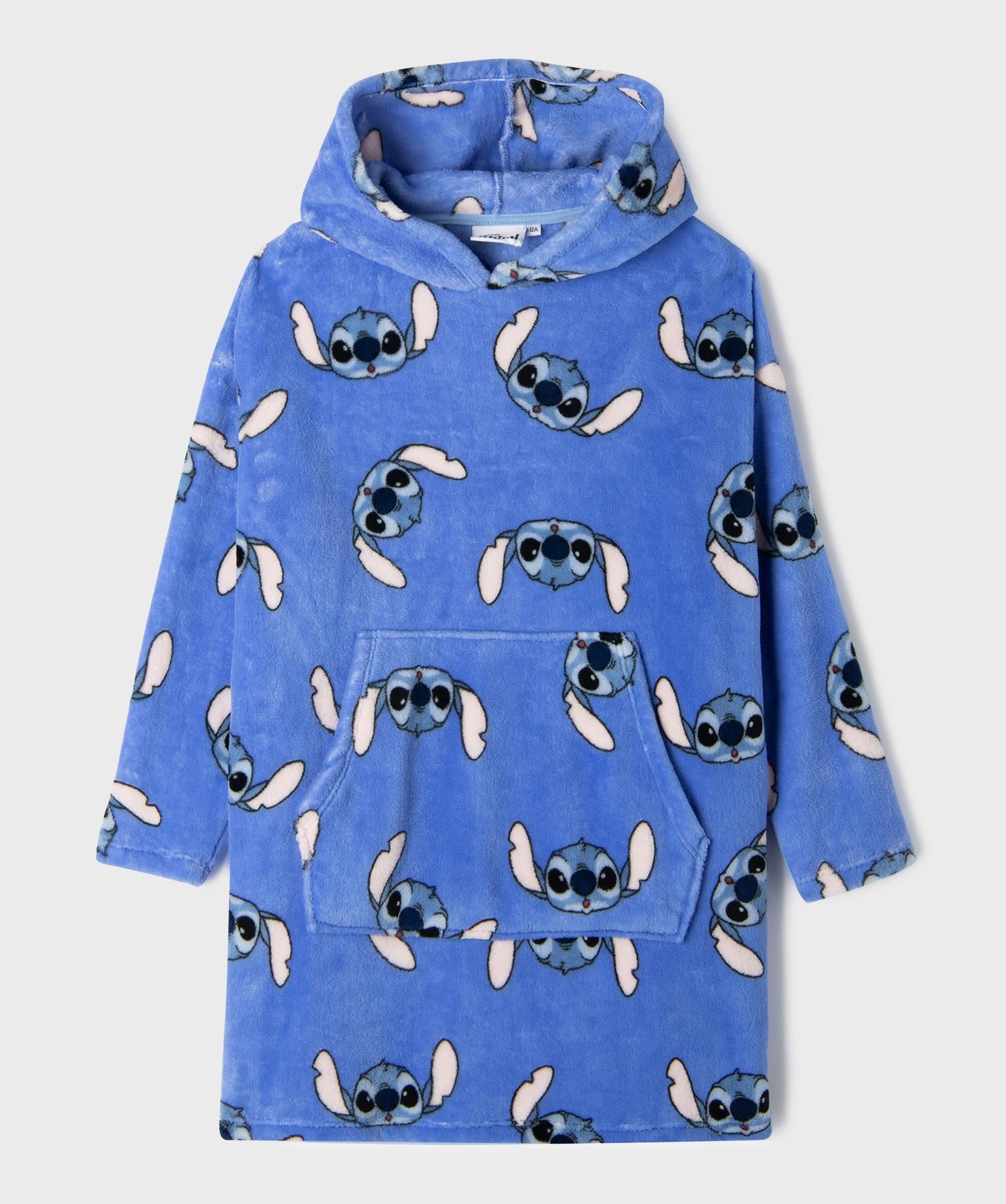 chemise de nuit a capuche en maille douillette stitch fille - disney bleu