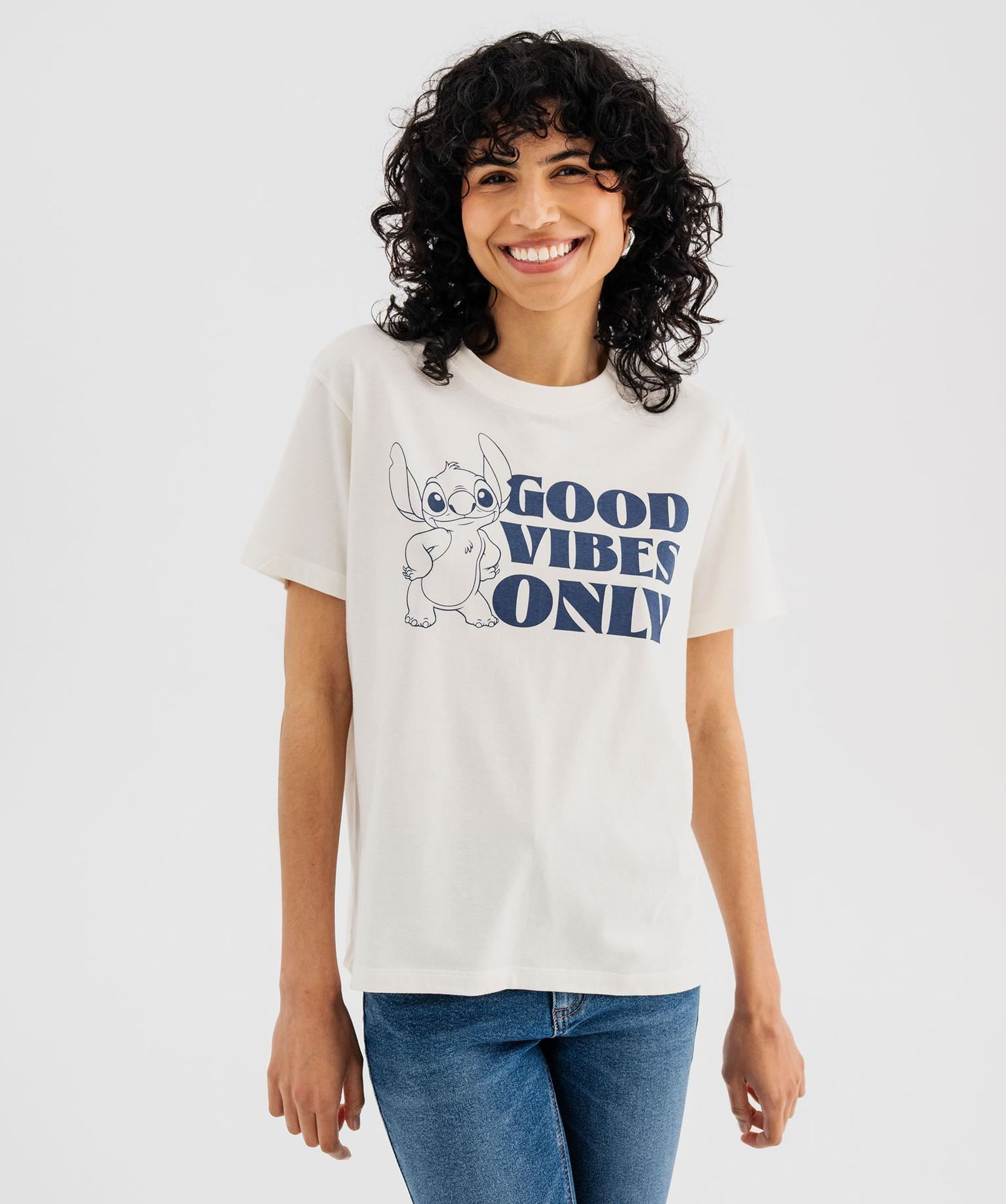 tee-shirt manches courtes imprime femme - stitch beige t-shirts manches courtes