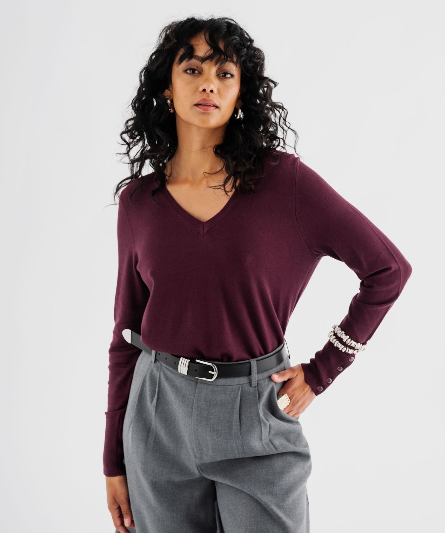 pull col v en maille viscose fine et souple femme violet