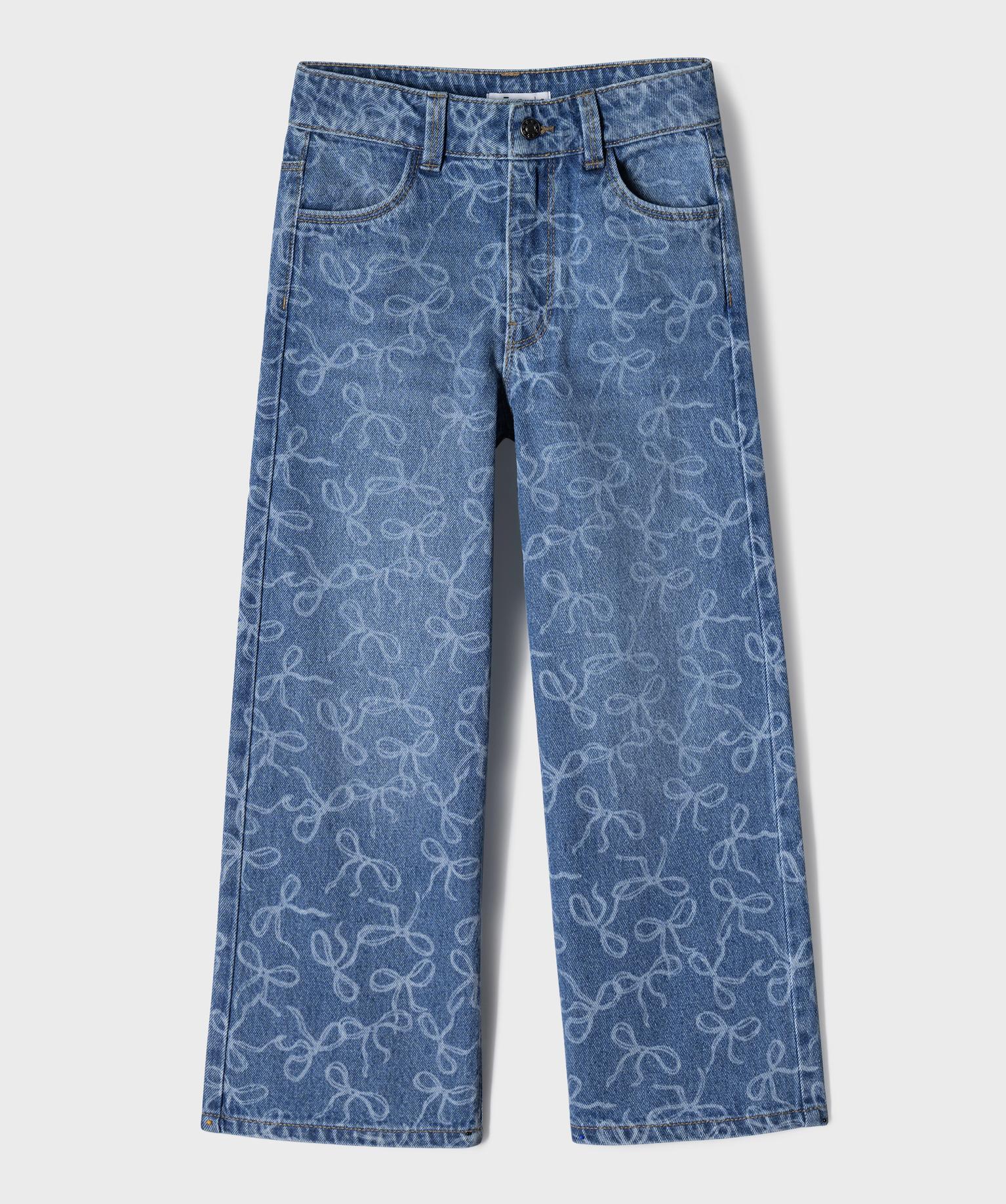 jean wide leg avec motifs delaves et taille ajustable fille bleu jeans