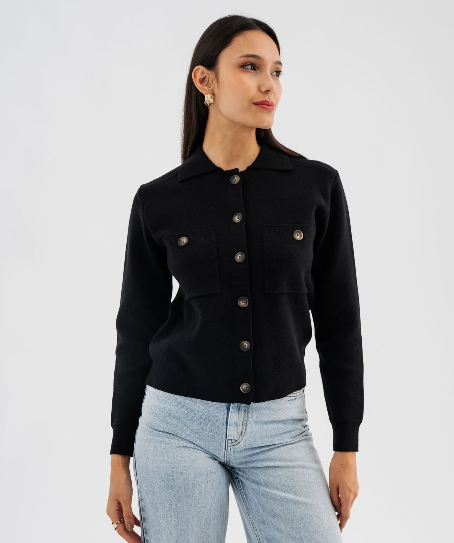 cardigan a col polo avec poches poitrine femme noir standard gilets