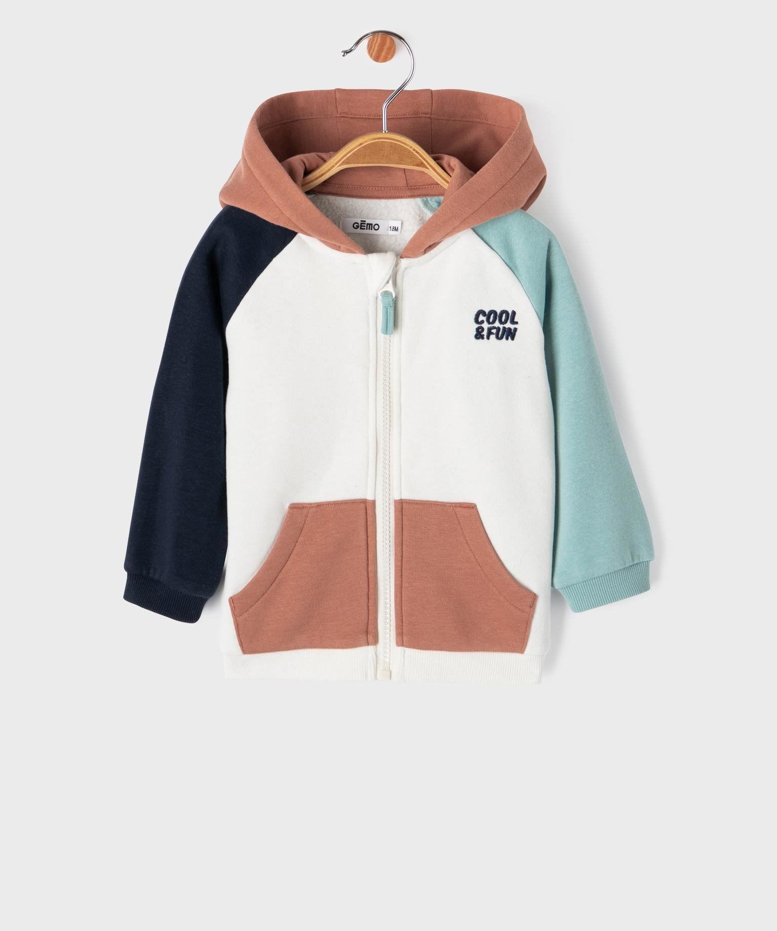 sweat zippe a capuche avec empiecements colores bebe garcon beige
