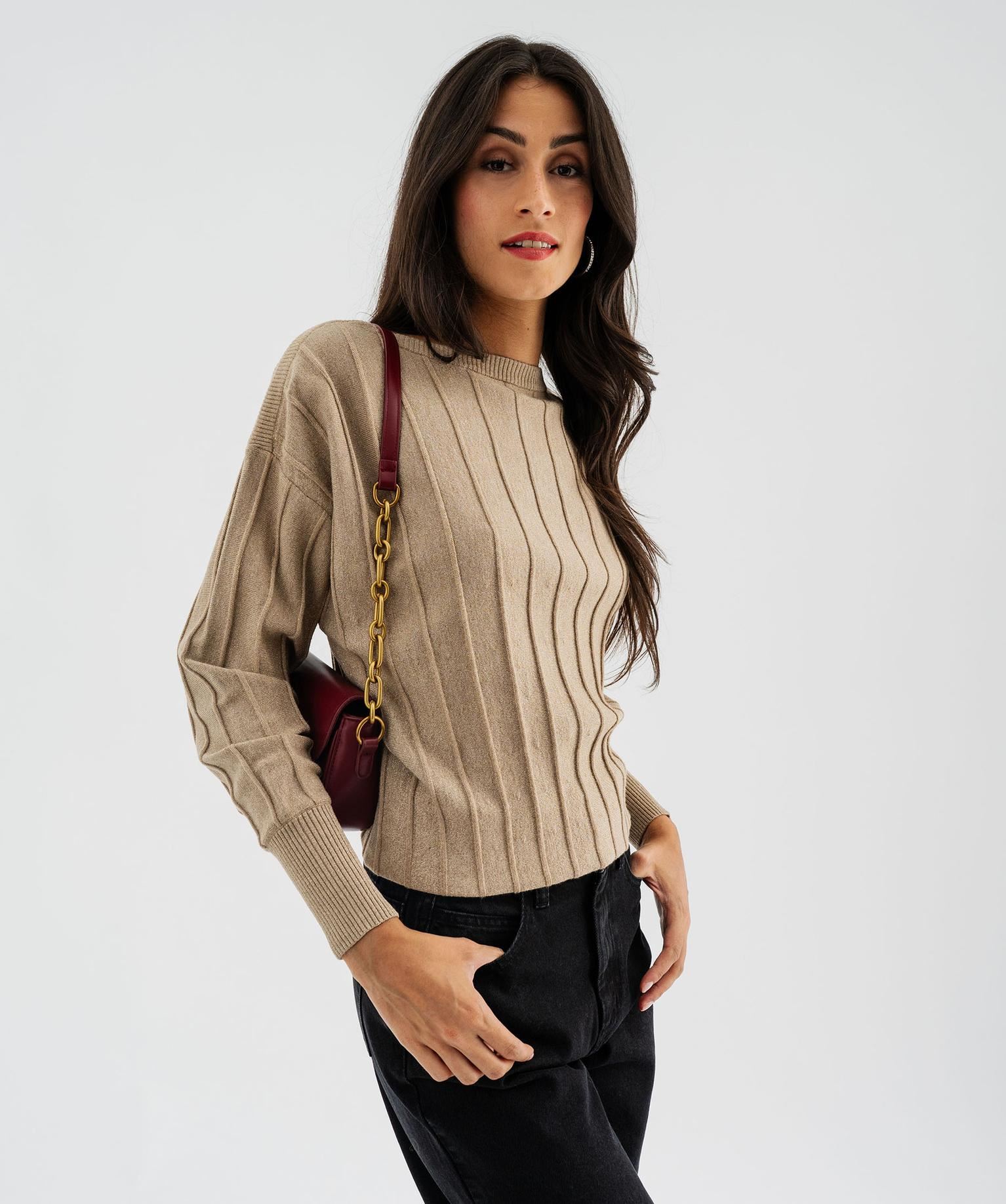pull fin loose a rayures texturees et maille pailletee femme beige pulls
