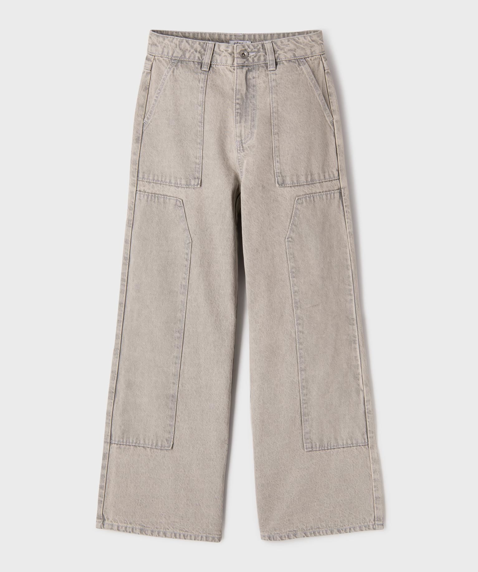 jean wide leg en denim delave avec grandes poches plaquees fille gris standard pantalons