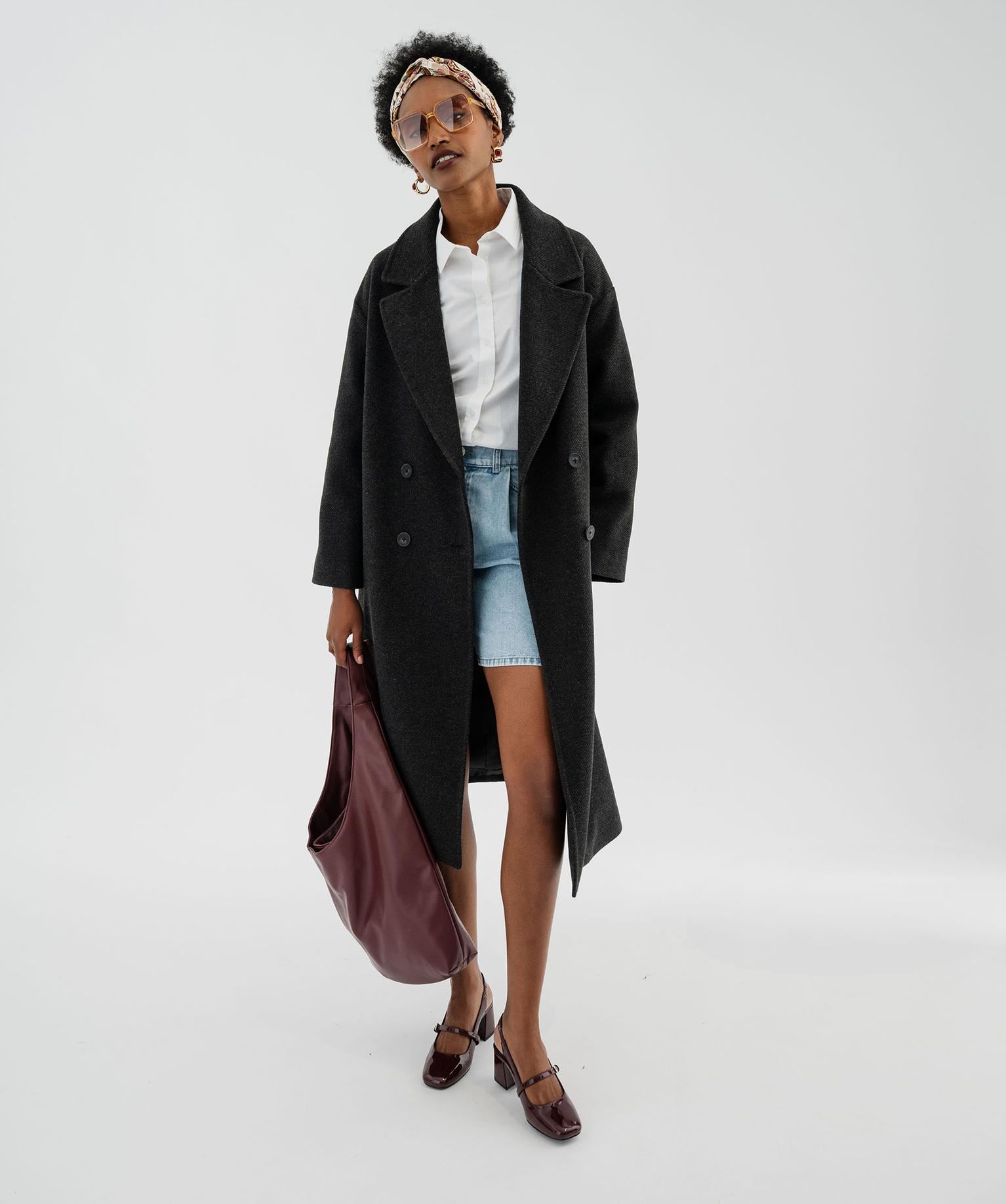 manteau long croise a double boutonnage et col femme gris standard manteaux