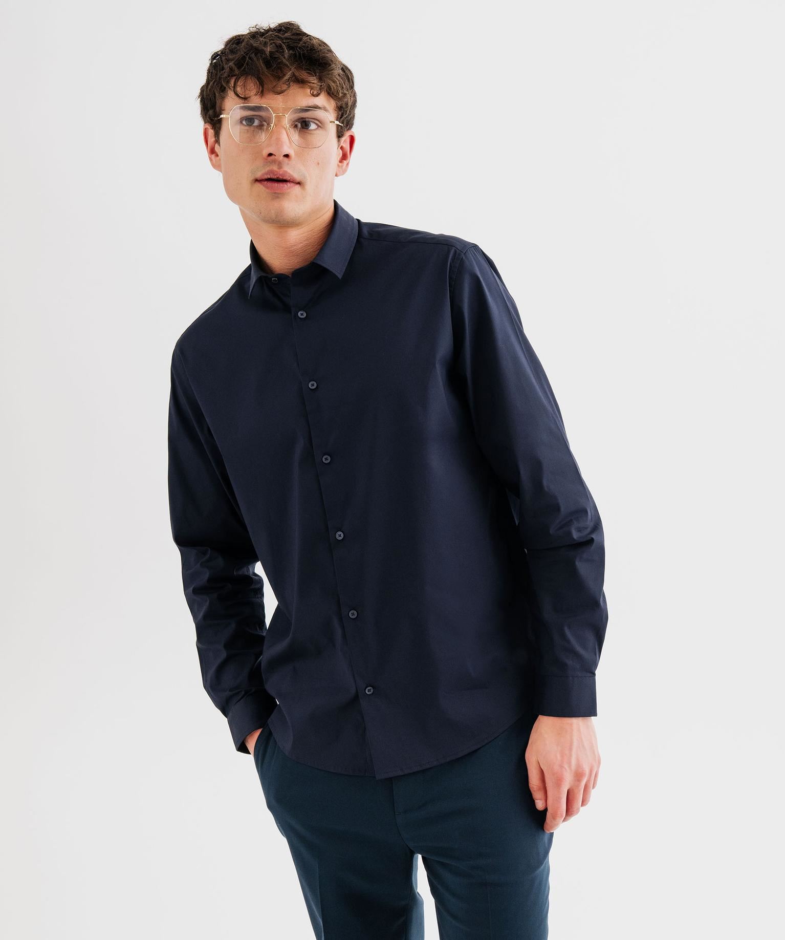 chemise manches longues coupe droite en coton stretch homme bleu chemise manches longues