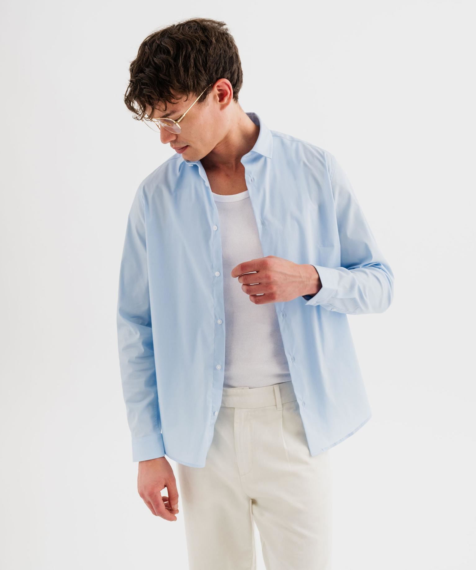 chemise manches longues coupe droite en coton stretch homme bleu chemise manches longues